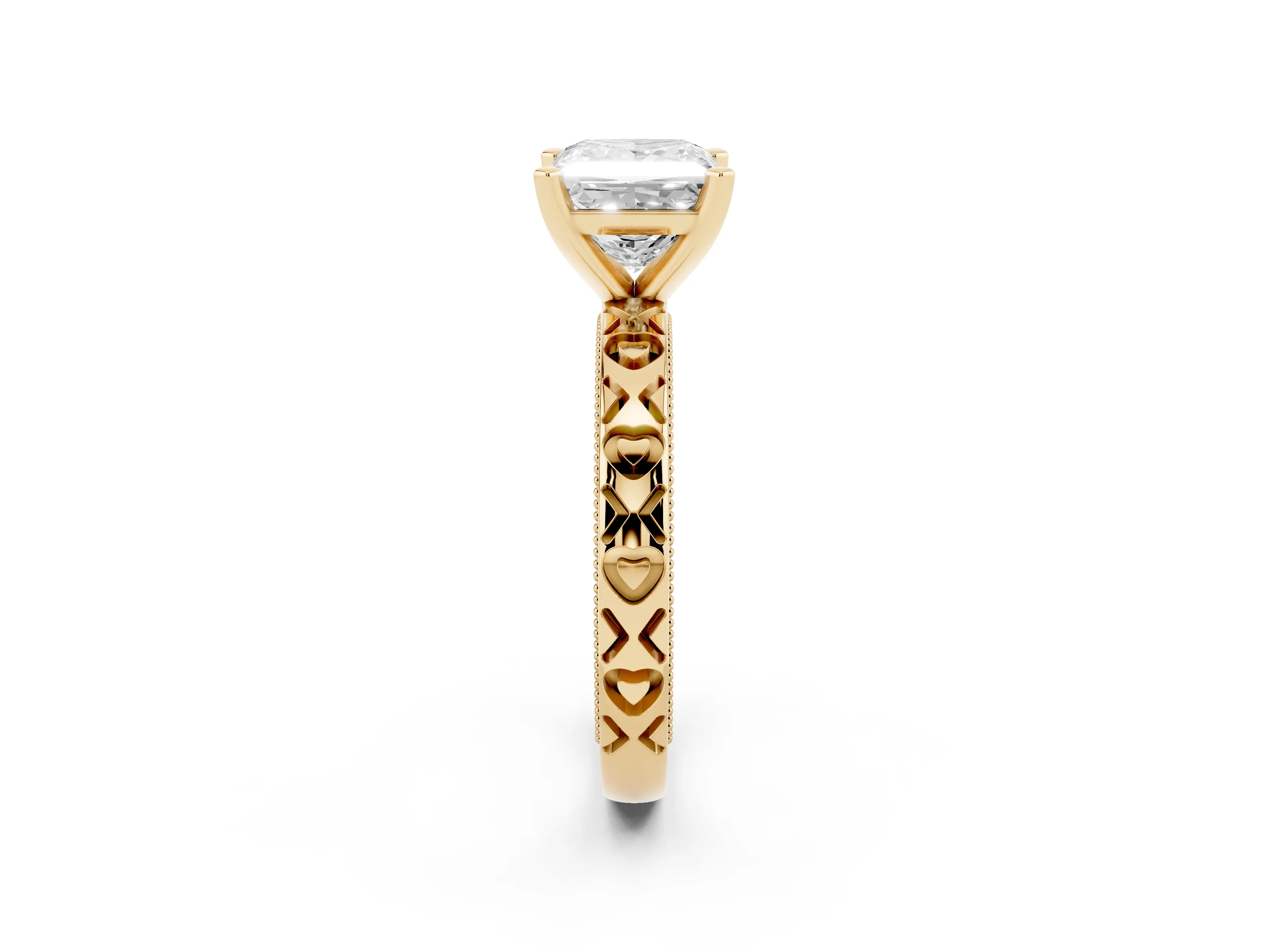 Princess Cut Diamond Solitaire Engagement Ring Set in Yellow gold with XO Engraved Band and Prong Setting