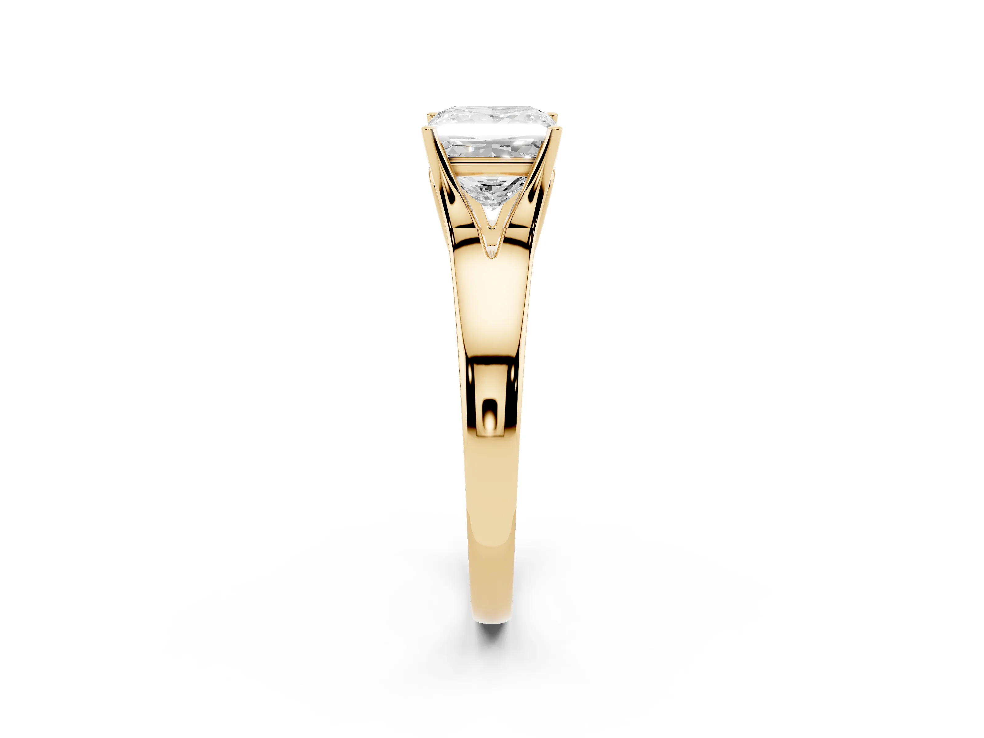 Princess Cut Diamond Solitaire Ring Set in Yellow gold with Arched Cathedral Band and Prong Setting