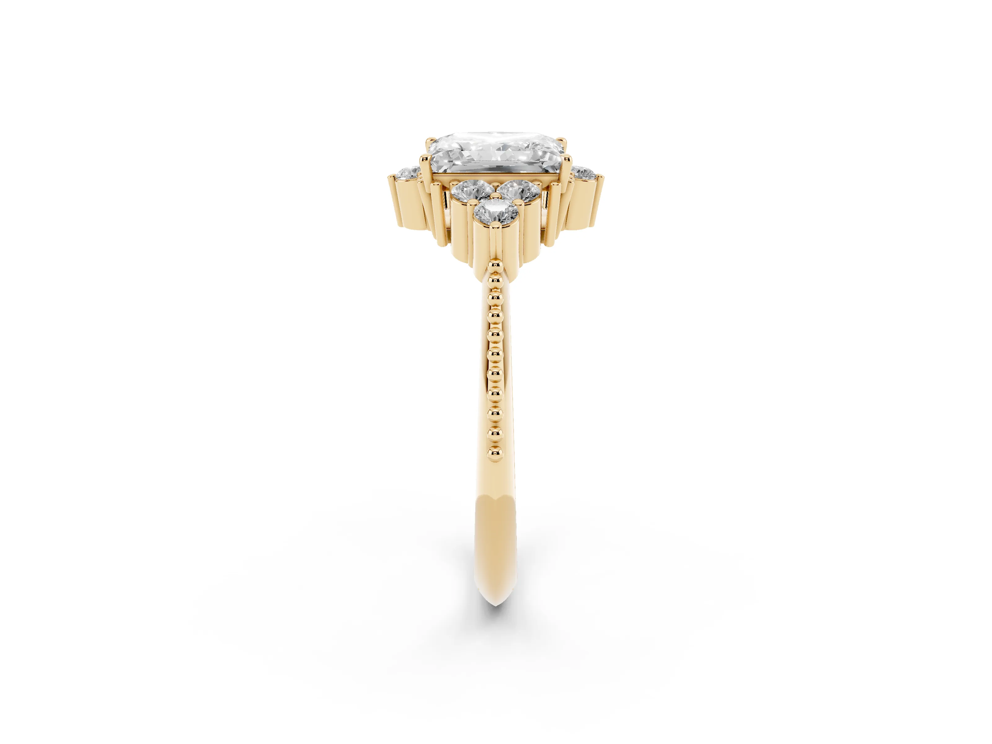 Princess Cut Diamond Cluster Ring Set in Yellow gold with Beaded Band