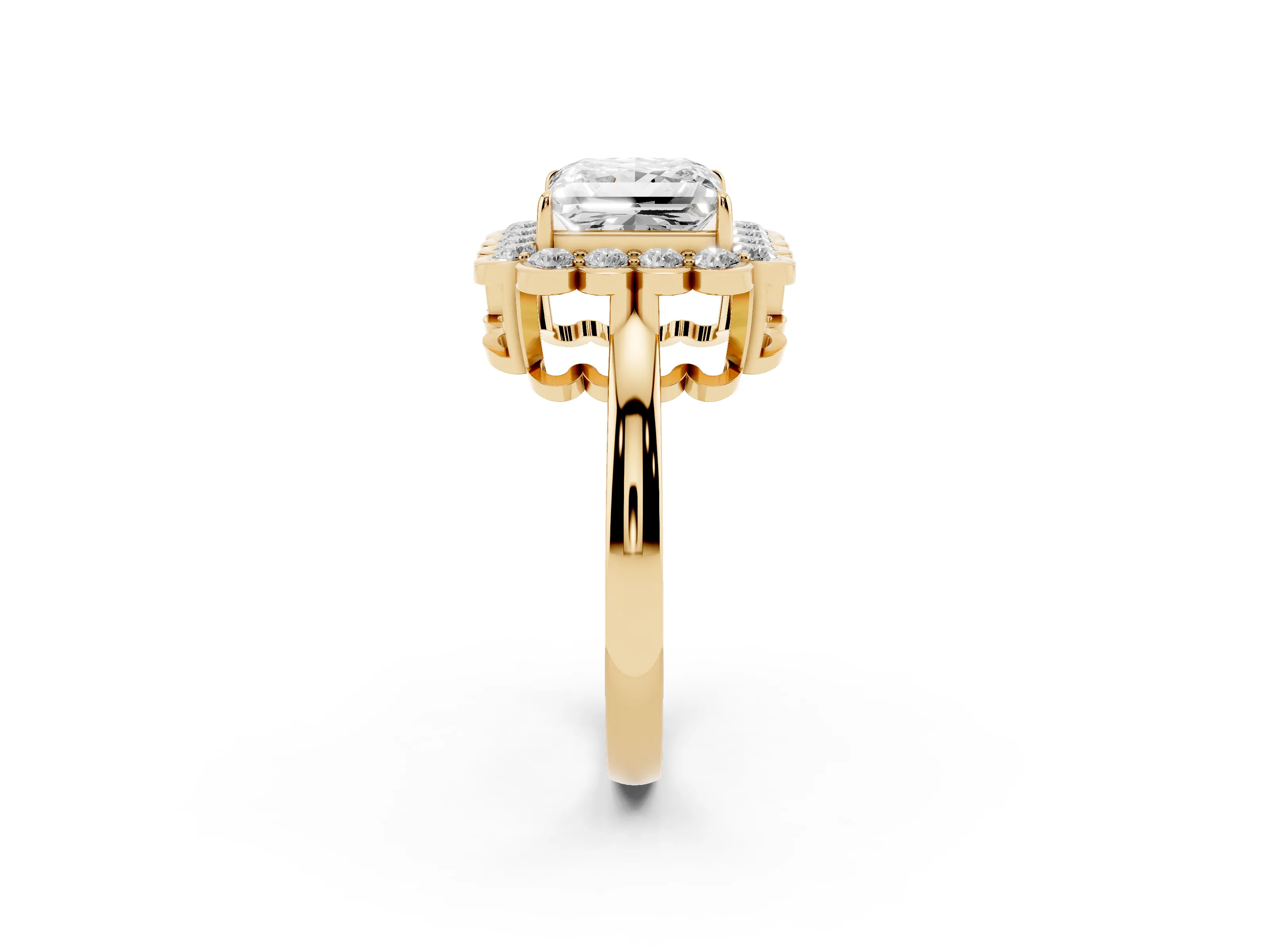 Princess Cut Diamond Halo Cluster Engagement Ring Set in Yellow gold with Solitaire Band and Prong Setting