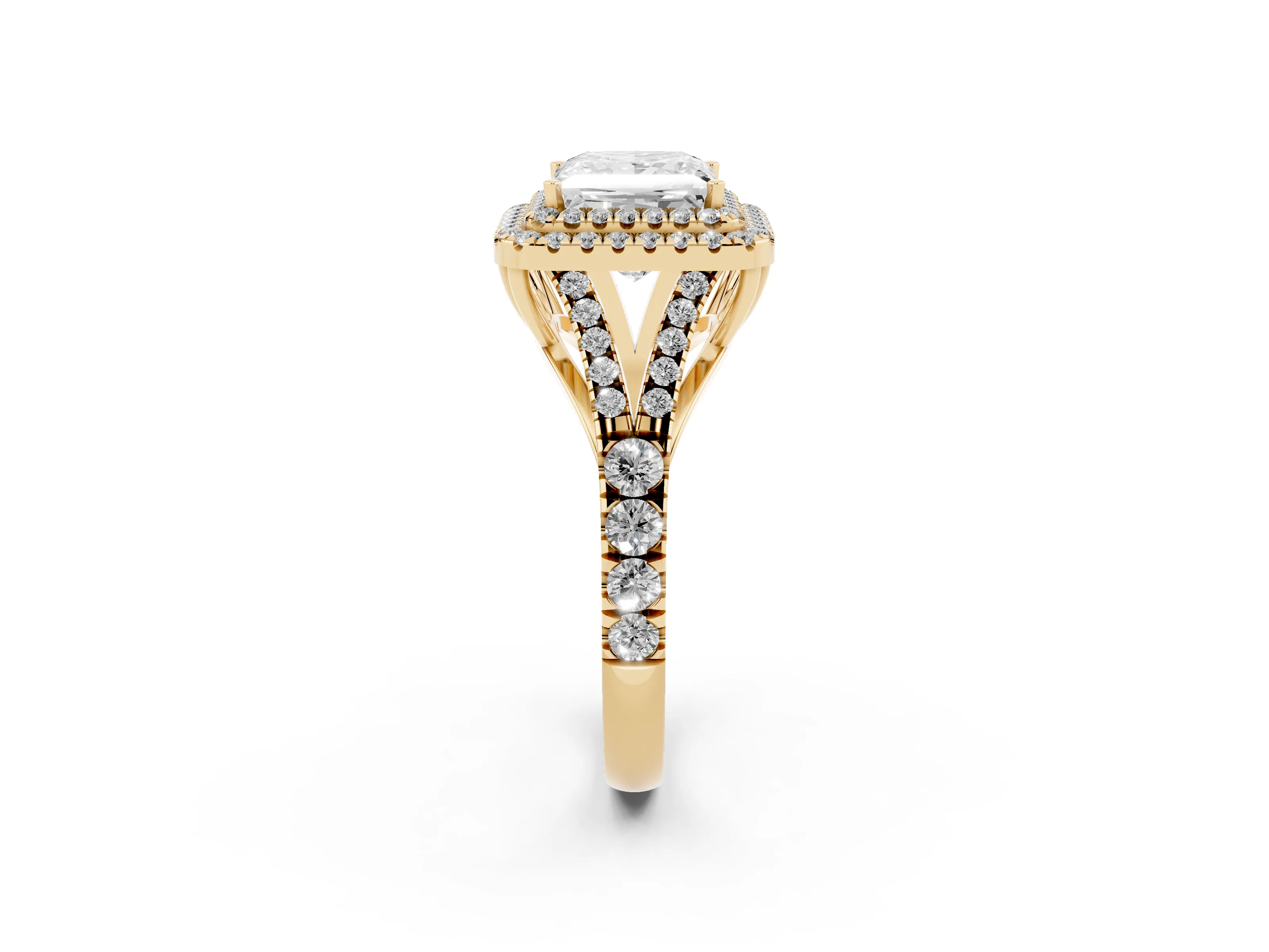 Princess Cut Diamond Pavé Split Shank Double Halo Engagement Ring Set in Yellow gold