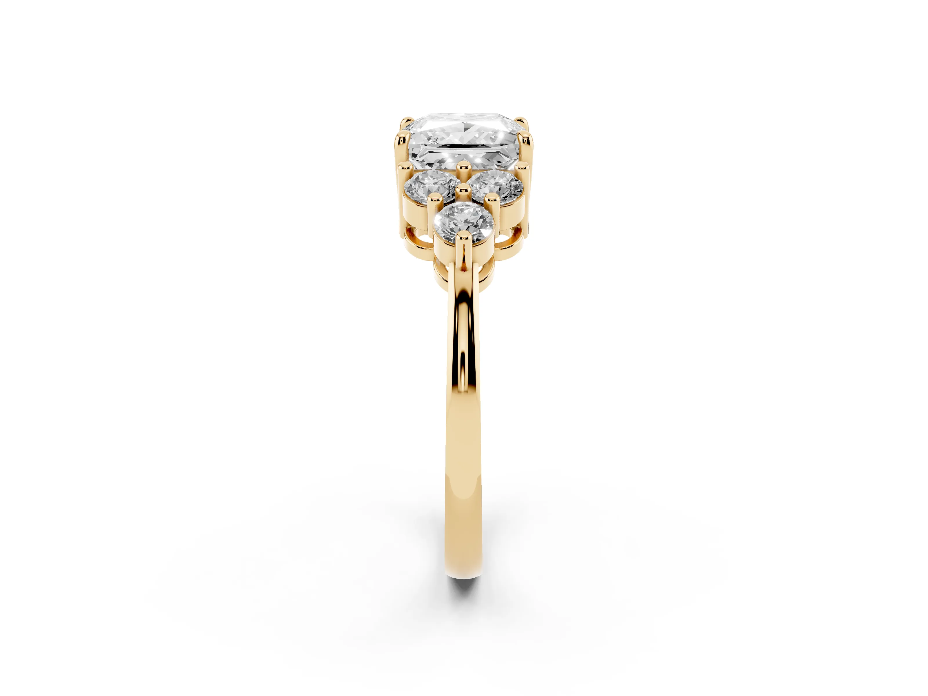 Princess Cut Diamond Solitaire Ring Set in Yellow gold with Cluster Accents on Each Side