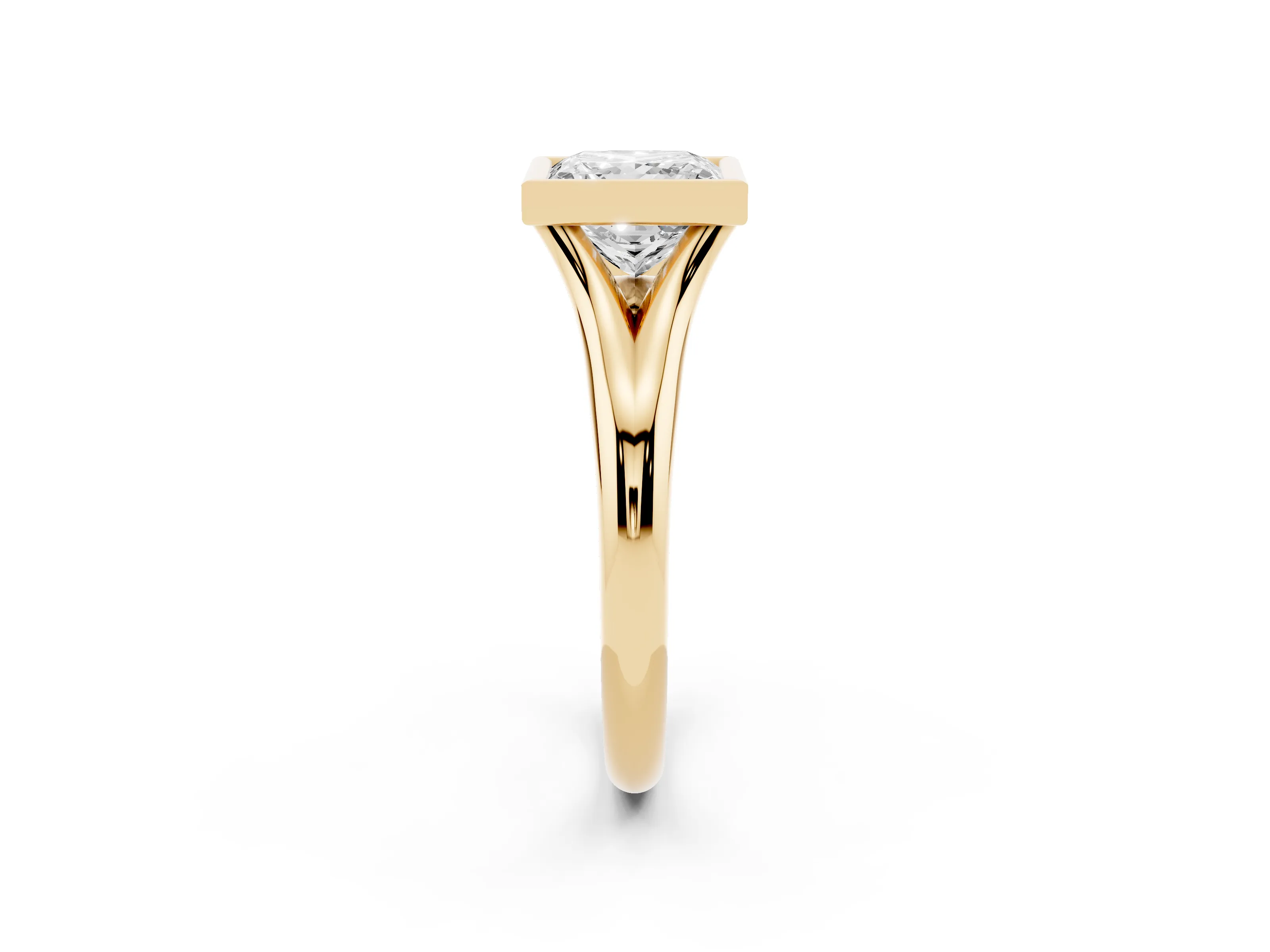 Bezel Set Princess Cut Diamond Solitaire Ring Set in Yellow gold with Smooth Band
