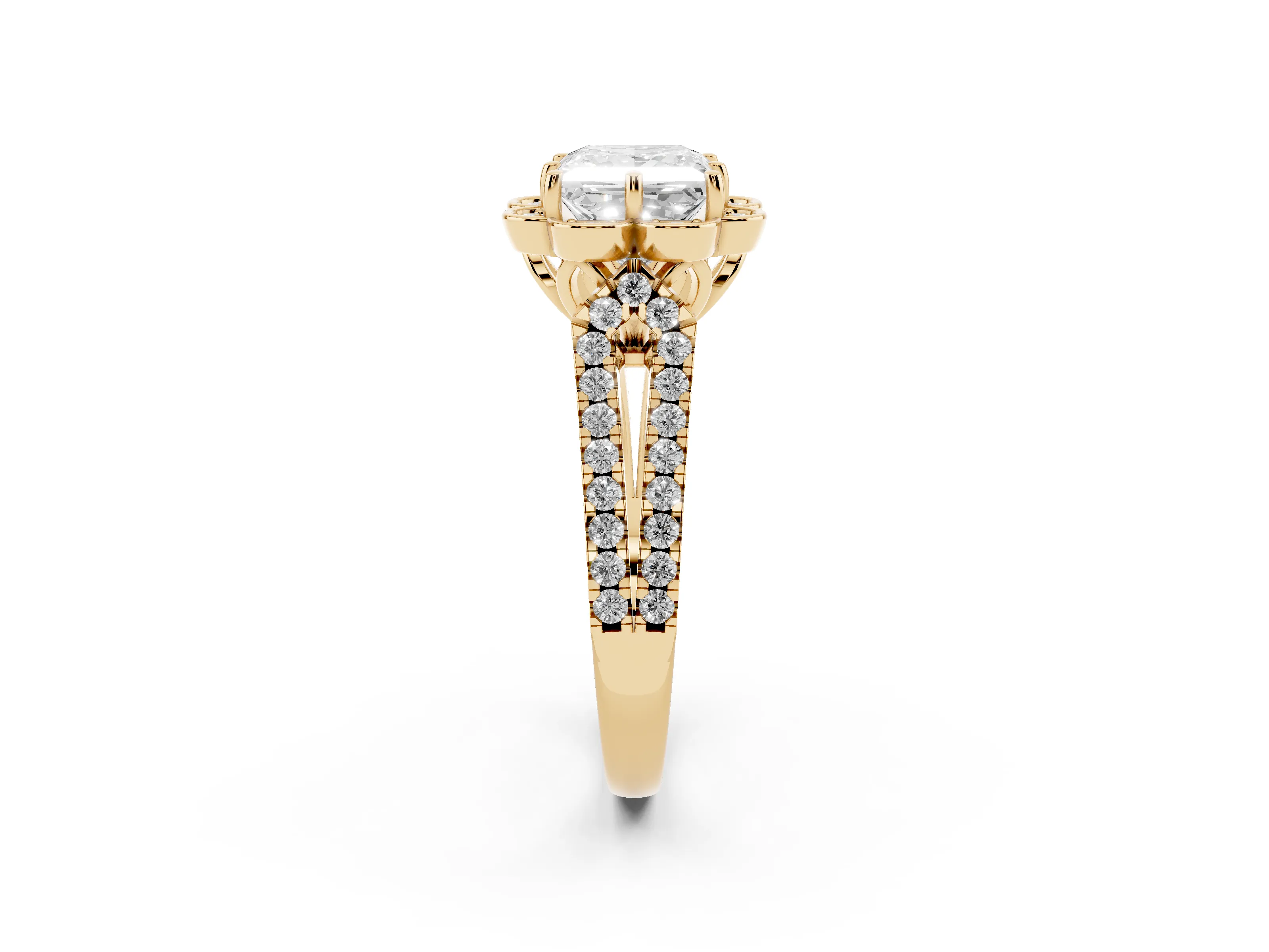 Princess Cut Diamond Floral Halo Split Shank Engagement Ring Set in Yellow gold with Pavé Shank
