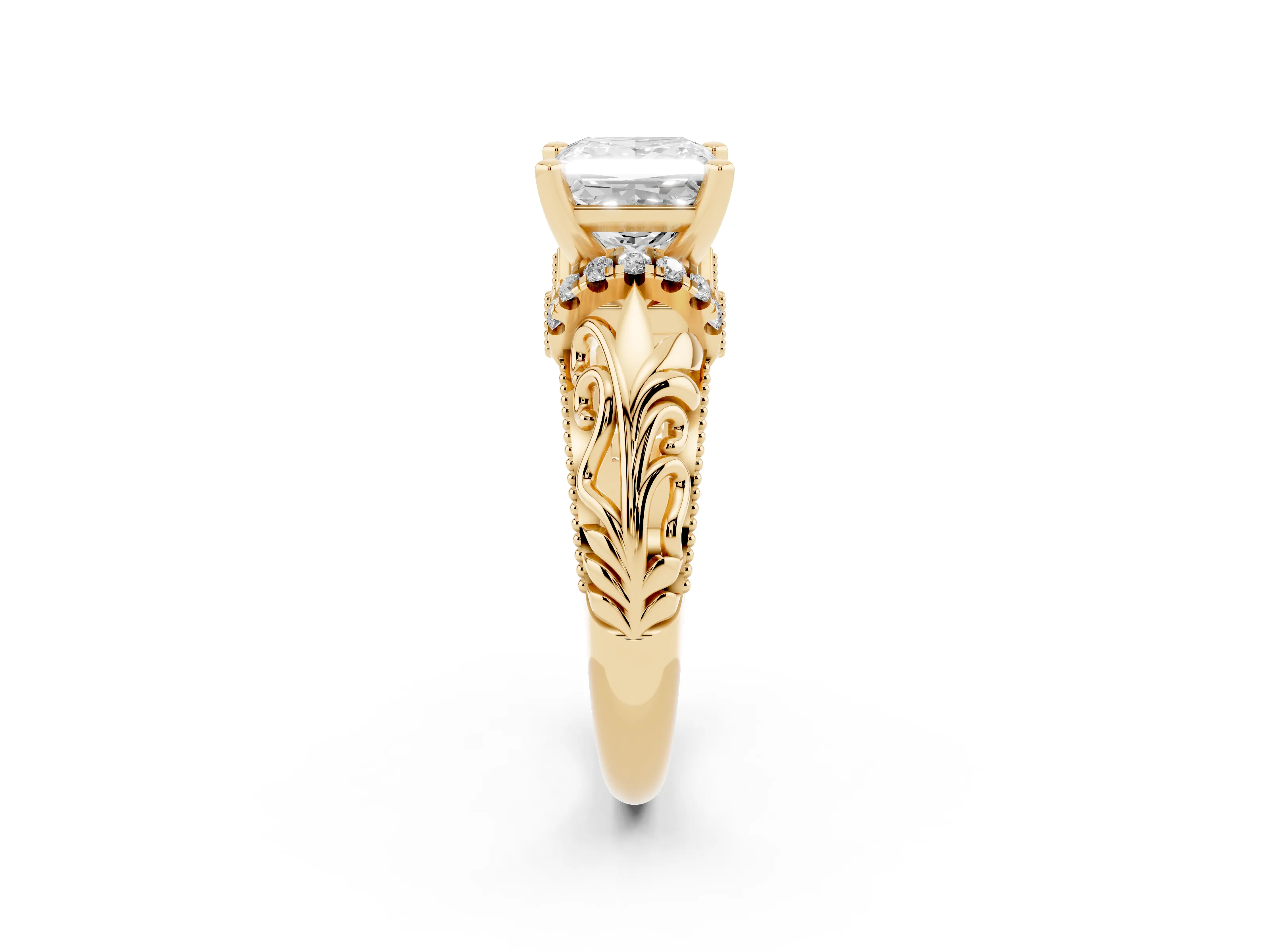 Princess Cut Diamond Filigree Halo Engagement Ring Set in Yellow gold with Prong Setting