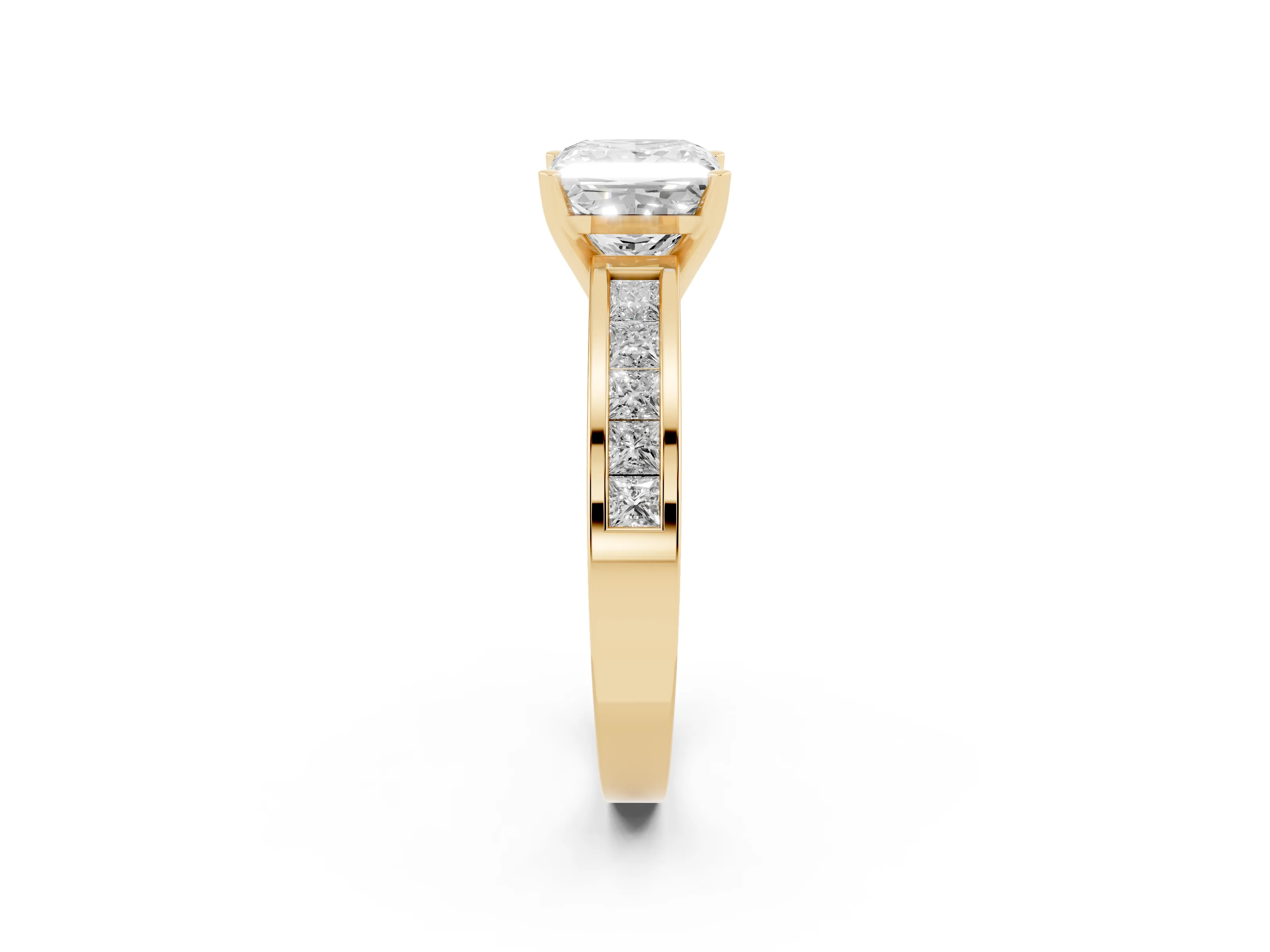 Princess Cut Diamond Solitaire Ring Set in Yellow gold with Channel-Set Band and Prong Setting