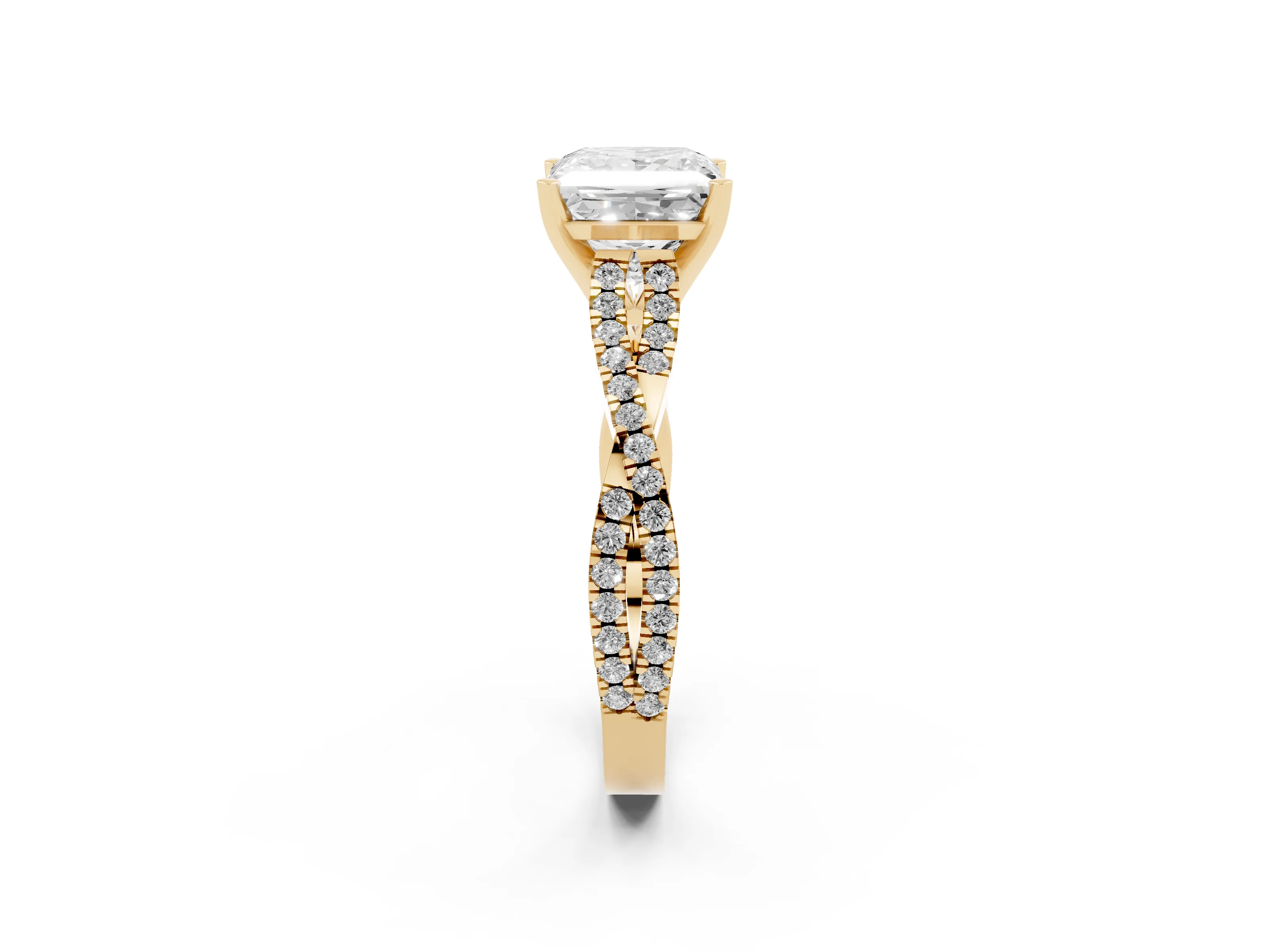 Princess Cut Diamond Solitaire Engagement Ring Set in Yellow gold with Twisted Pavé Band and Prong Setting