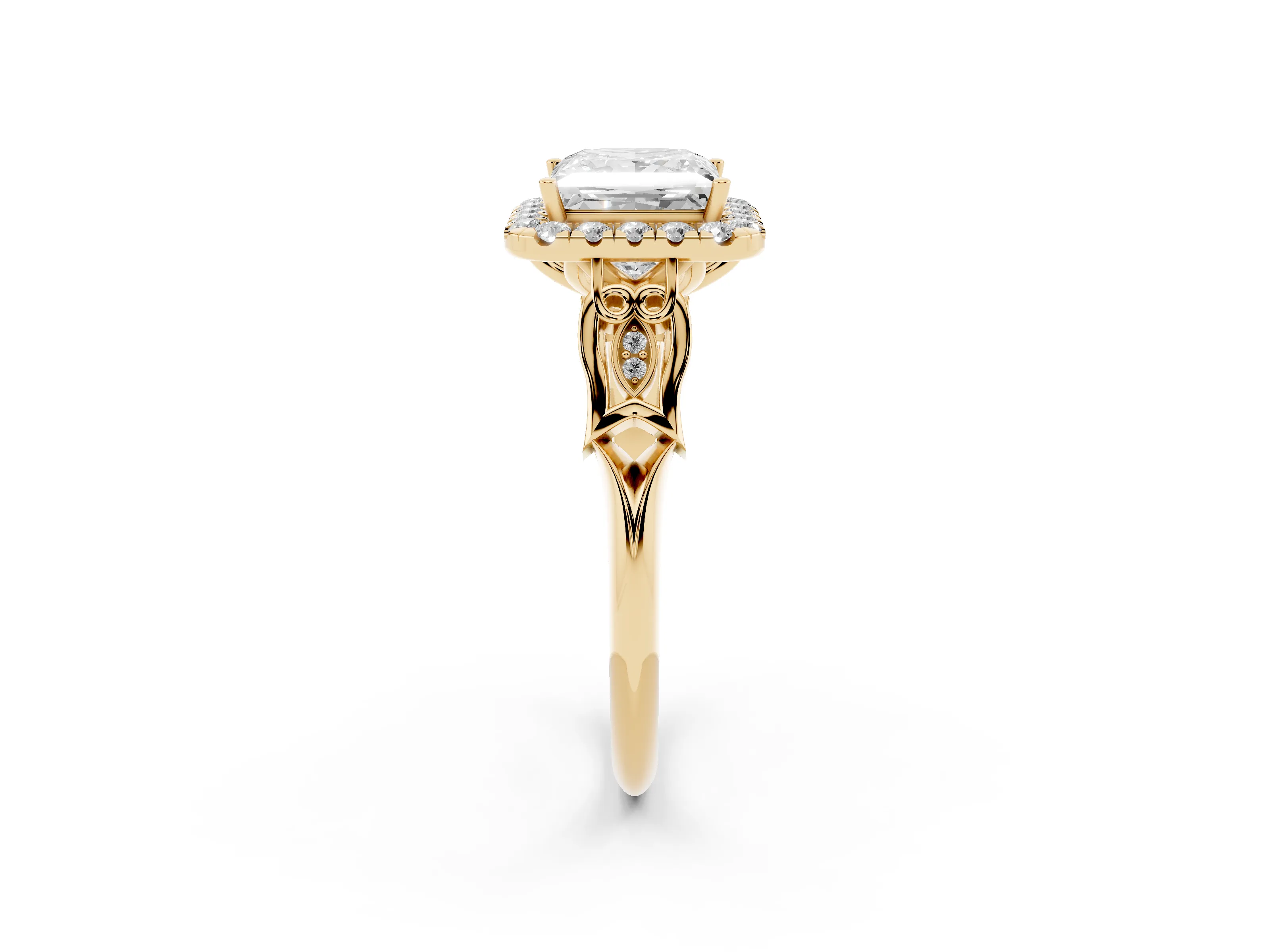 Princess Cut Diamond Halo Engagement Ring Set in Yellow gold with Filigree Band and Prong-Set Center