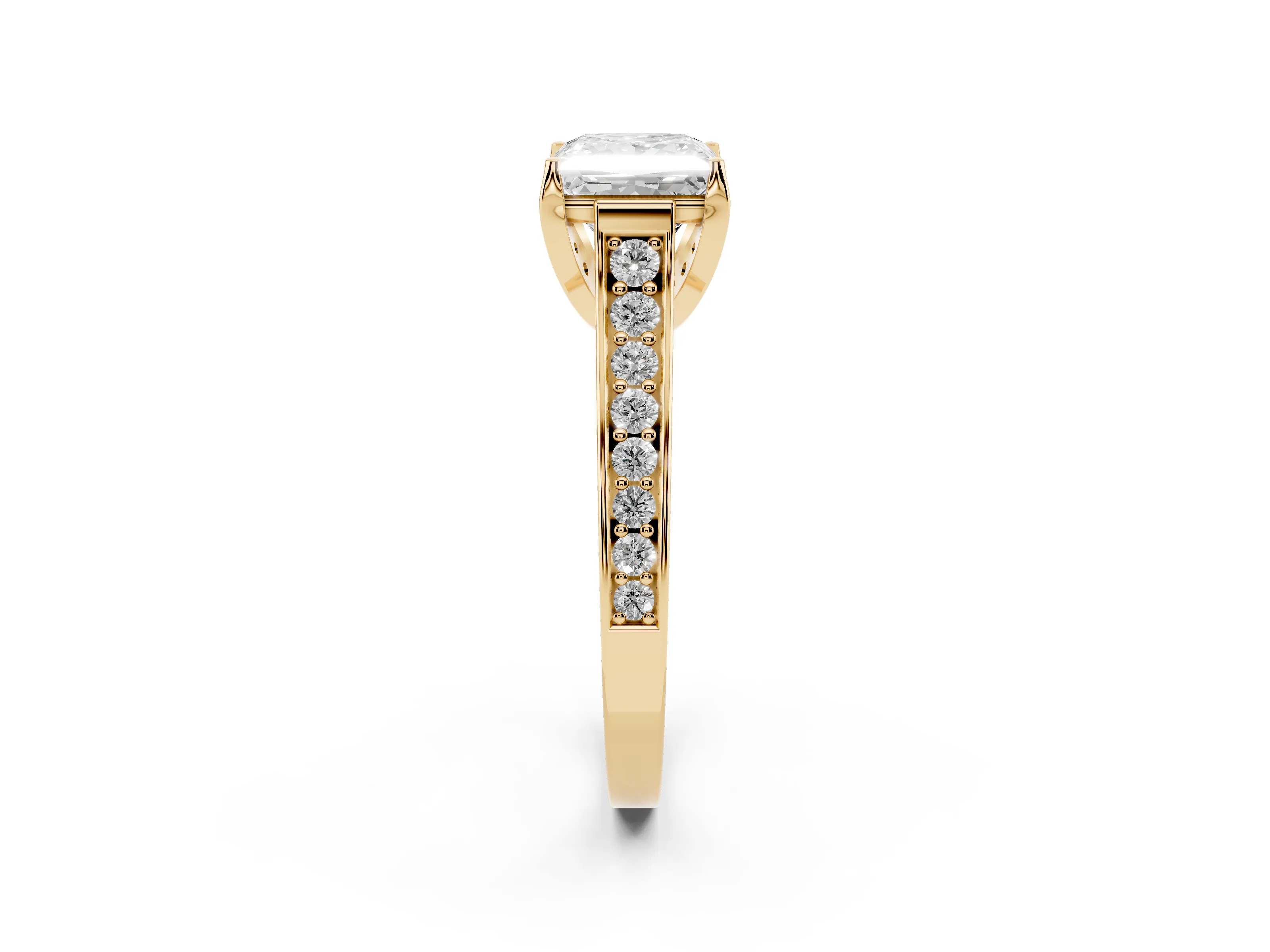 Princess Cut Diamond Solitaire Pavé Engagement Ring Set in Yellow gold with Prong Setting