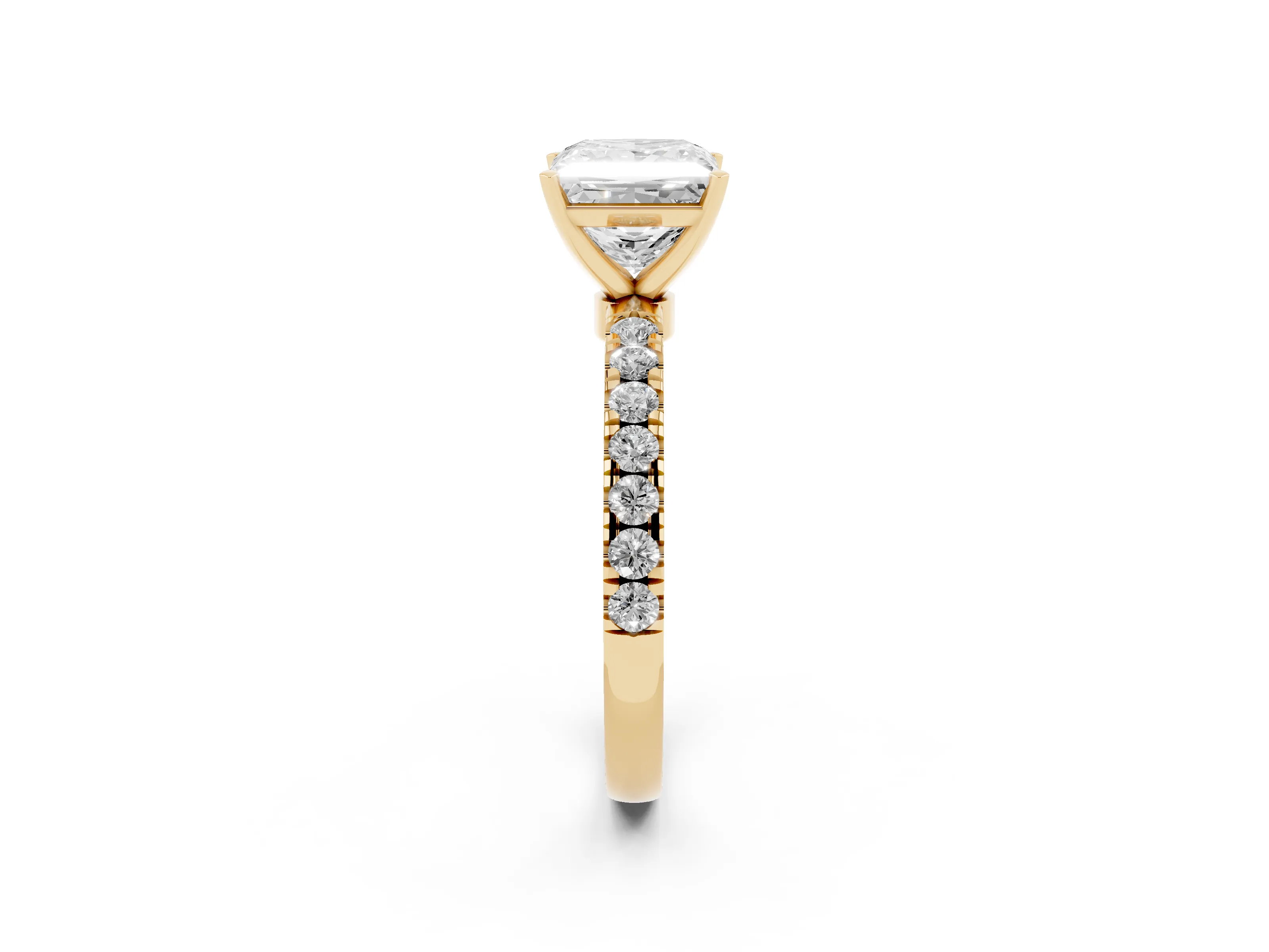 Princess Cut Diamond Solitaire Ring Set in Yellow gold with Pavé Accents and Prong Setting