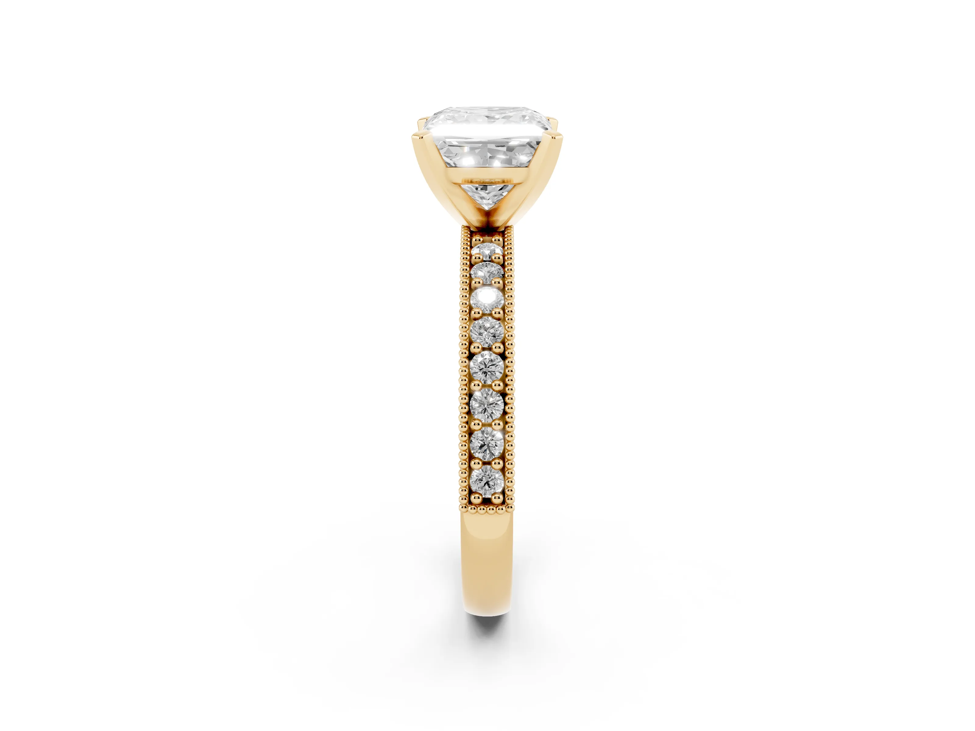 Princess Cut Diamond Milgrain Pavé Engagement Ring Set in Yellow gold with Prong Setting