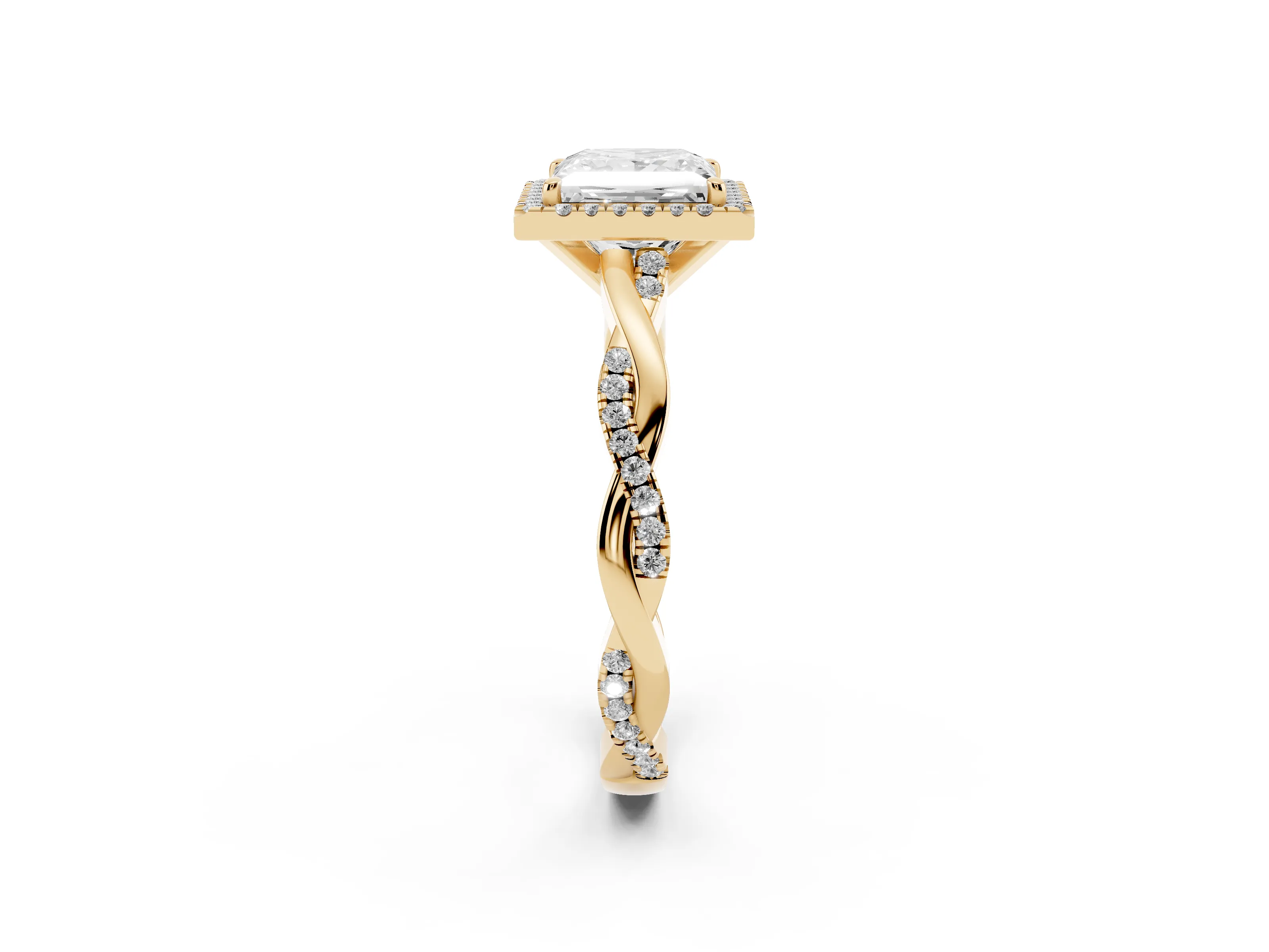Princess Cut Diamond Halo Twisted Band Ring Set in Yellow gold with Prong Setting