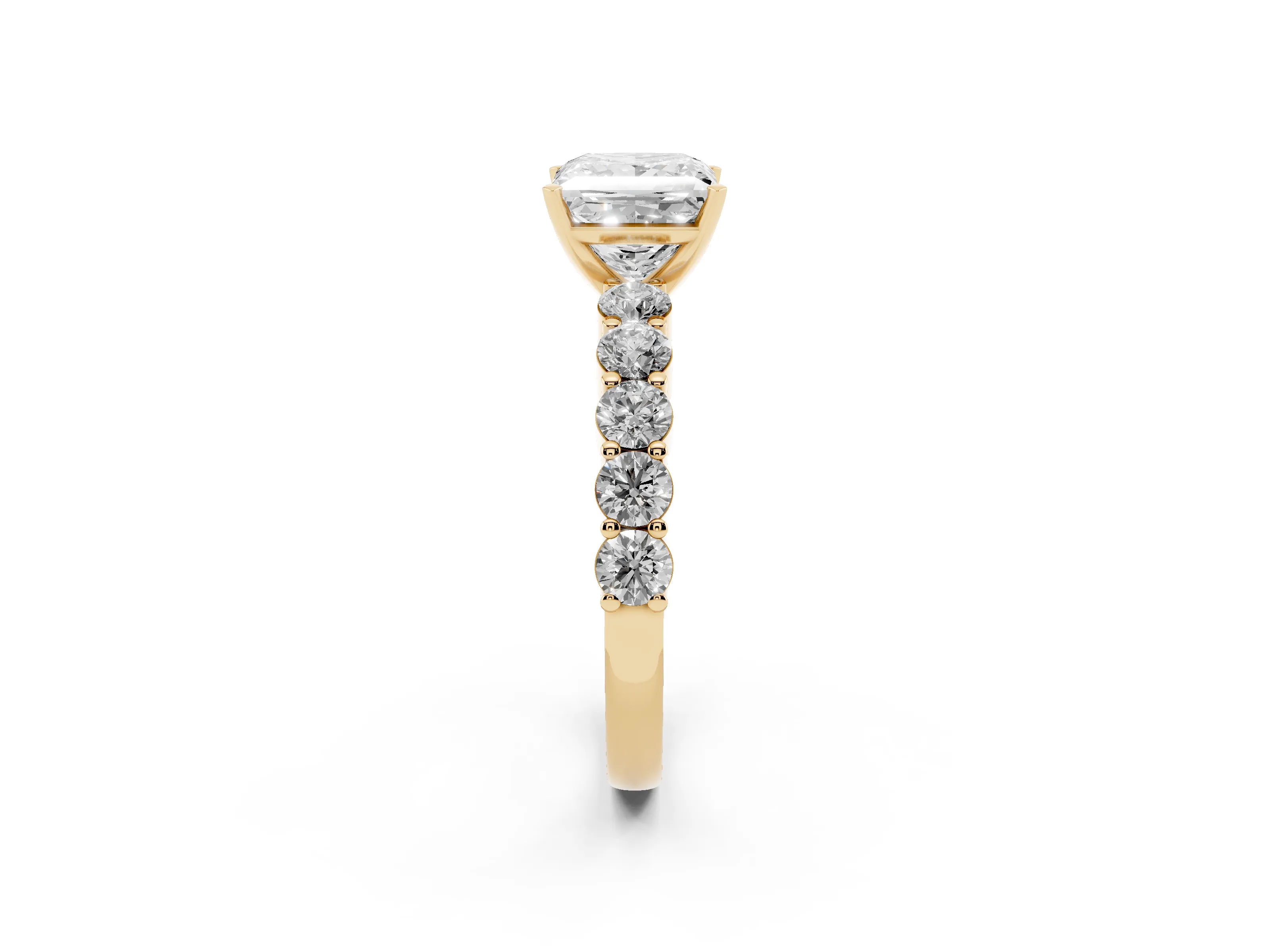 Princess Cut Diamond Solitaire Ring Set in Yellow gold with Shared Prong Round Side Stones
