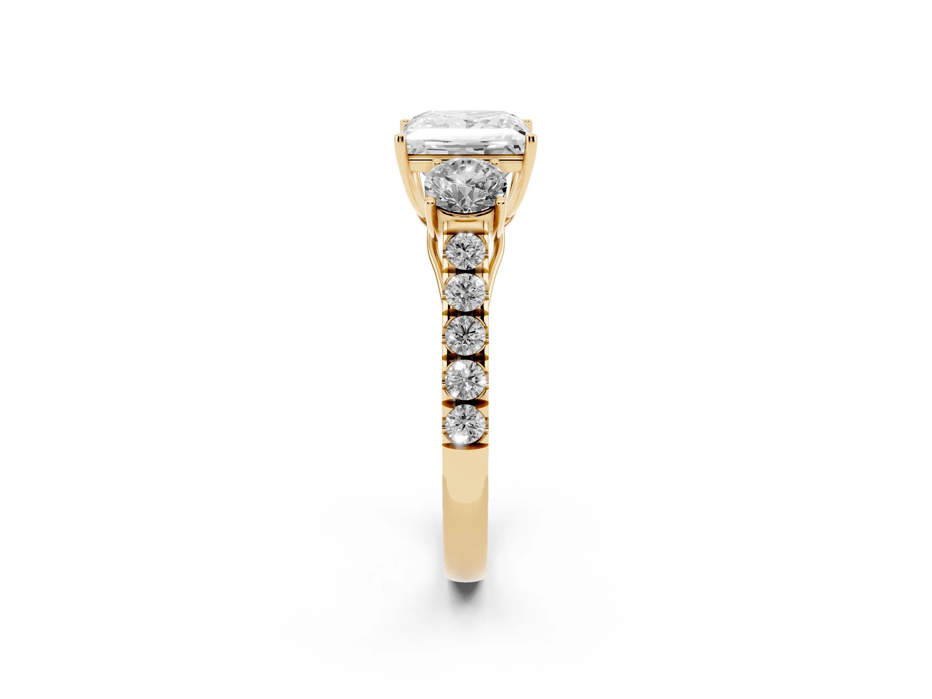Princess Cut Diamond Three-Stone Ring Set in Yellow gold with Round Side Stones and Delicate Pavé Band