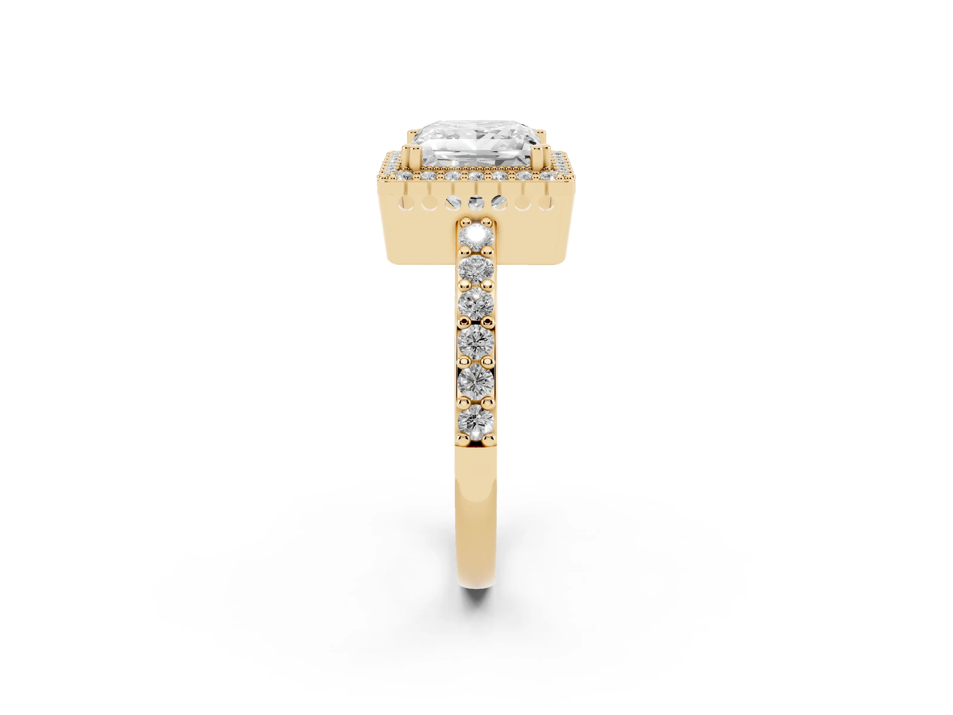 Princess Cut Diamond Halo Engagement Ring Set in Yellow gold with Milgrain Detail and Pavé Band