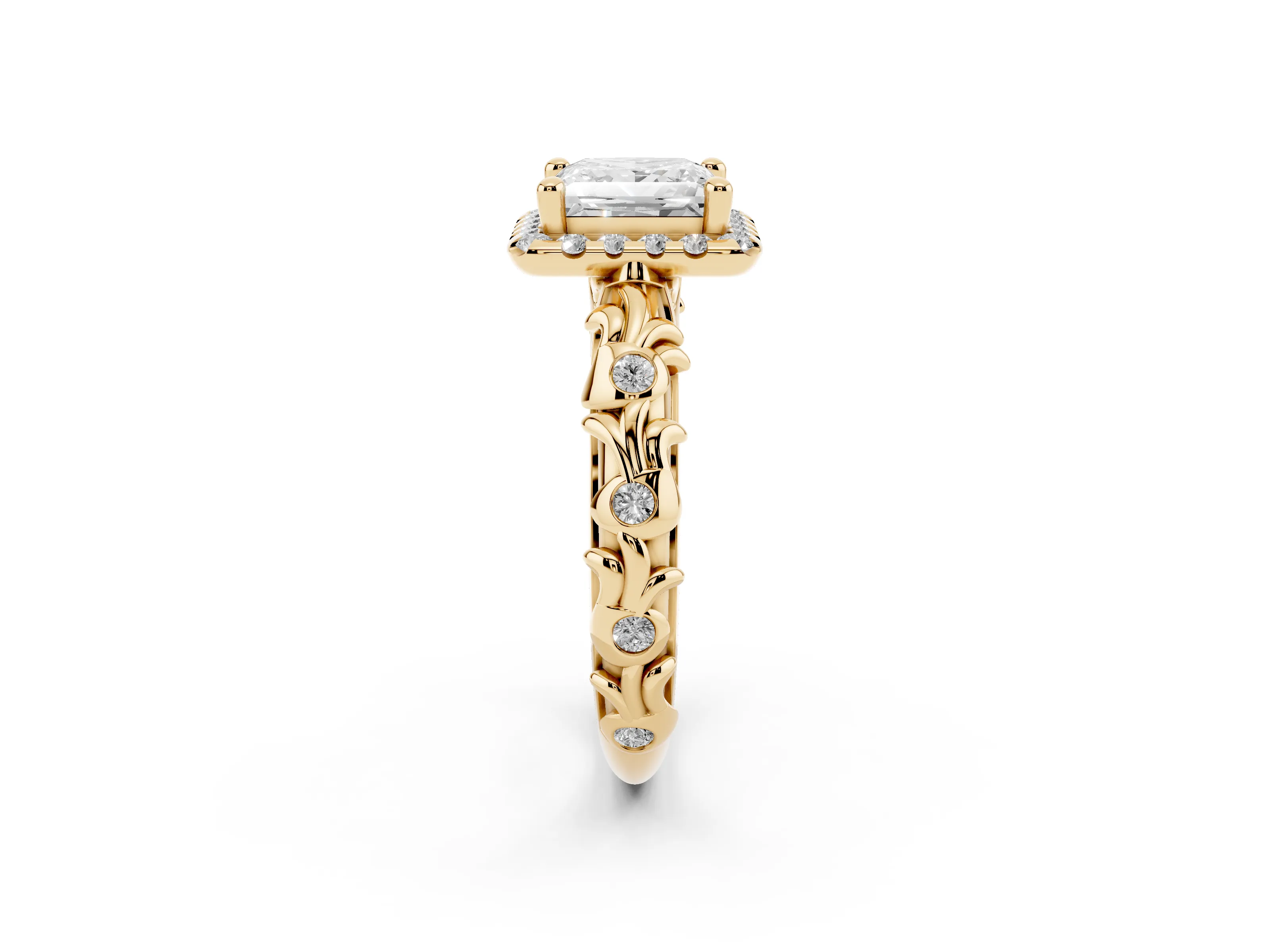 Princess Cut Diamond Halo Ring Set in Yellow gold with Filigree Leaf Band and Prong Setting