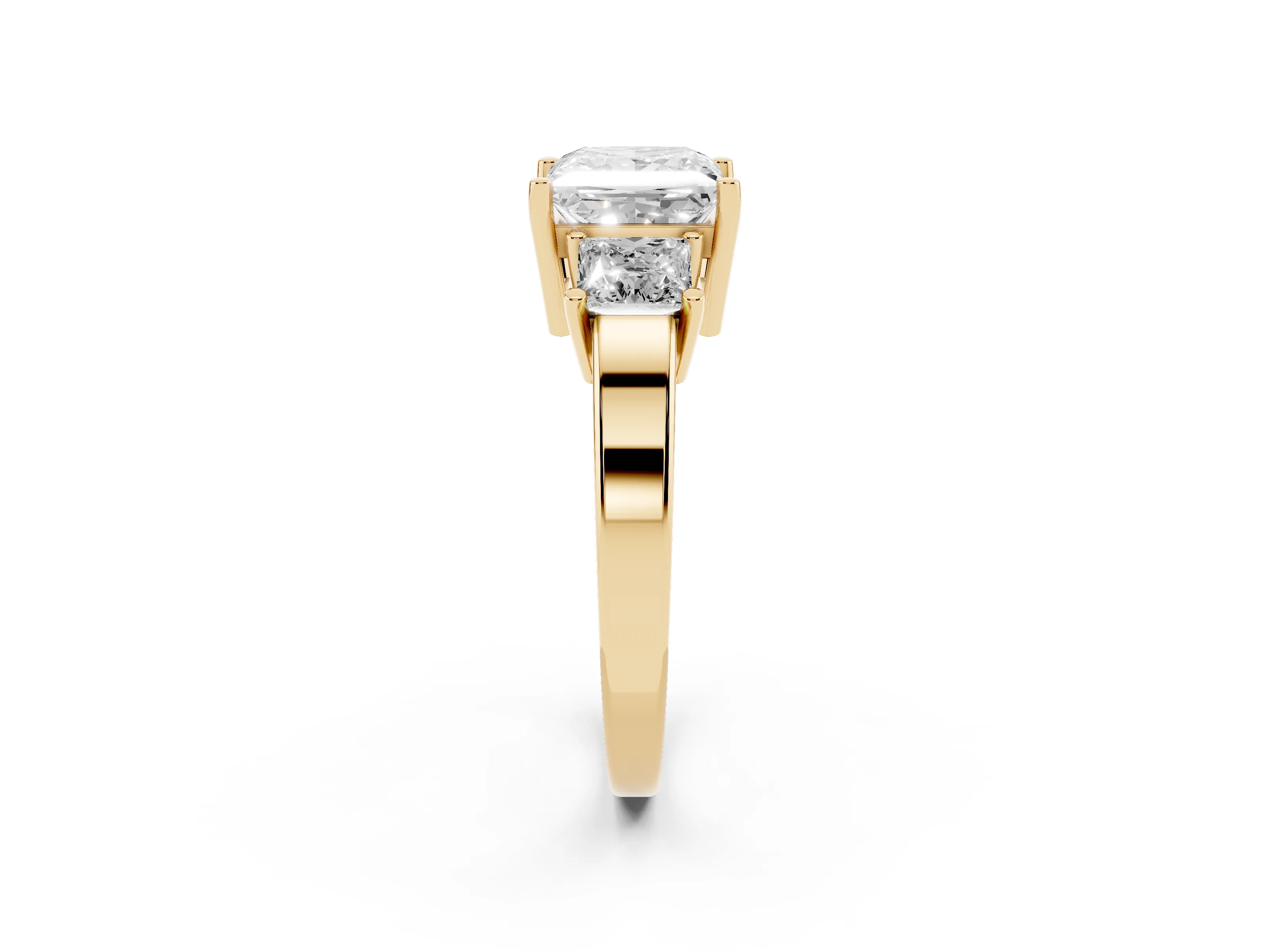 Three-Stone Princess Cut Diamond Solitaire Ring Set in Yellow gold with Prong Setting