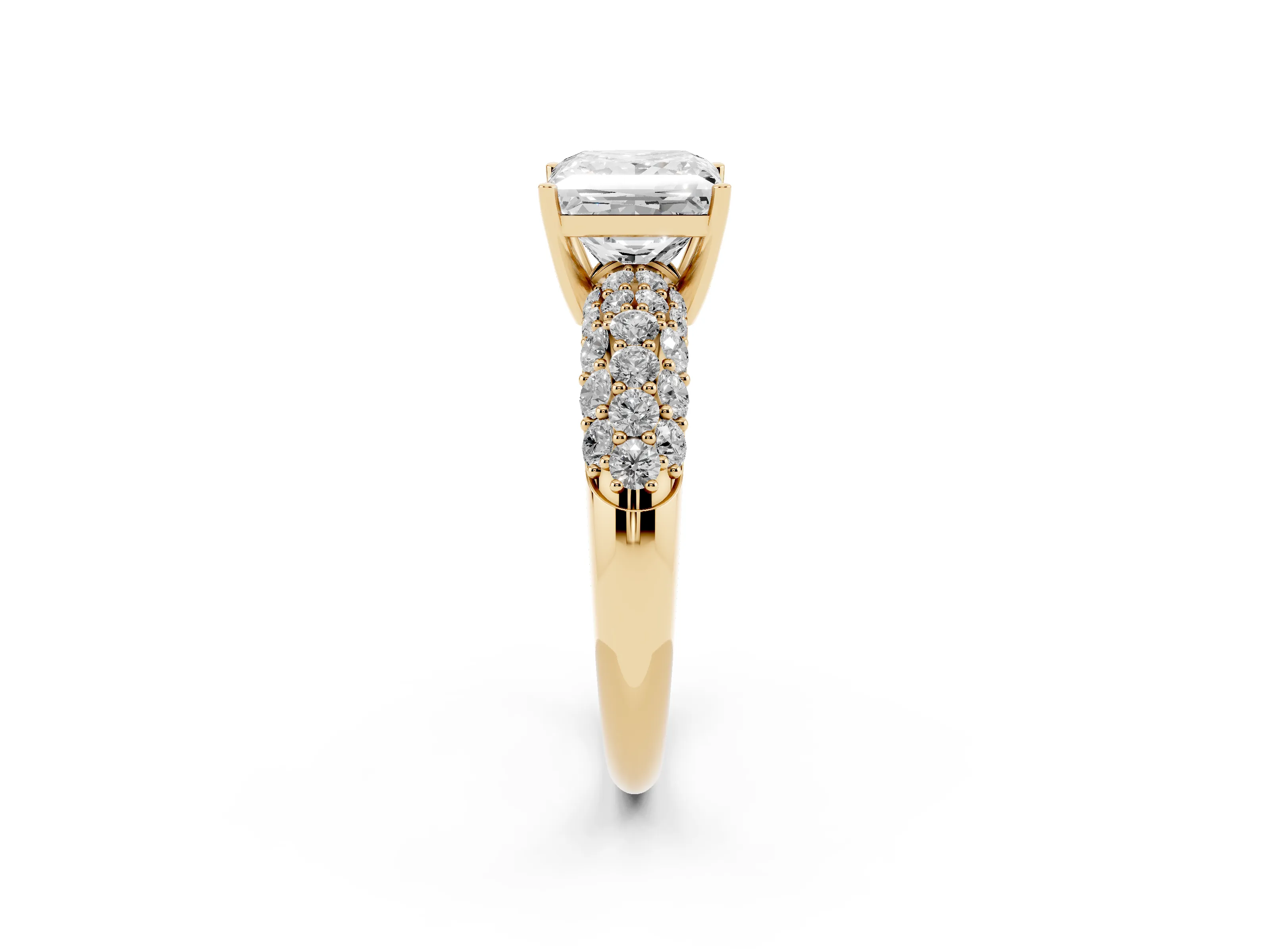 Princess Cut Diamond Pavé Band Solitaire Ring Set in Yellow gold with Close-Set Accent Stones and Prong Setting