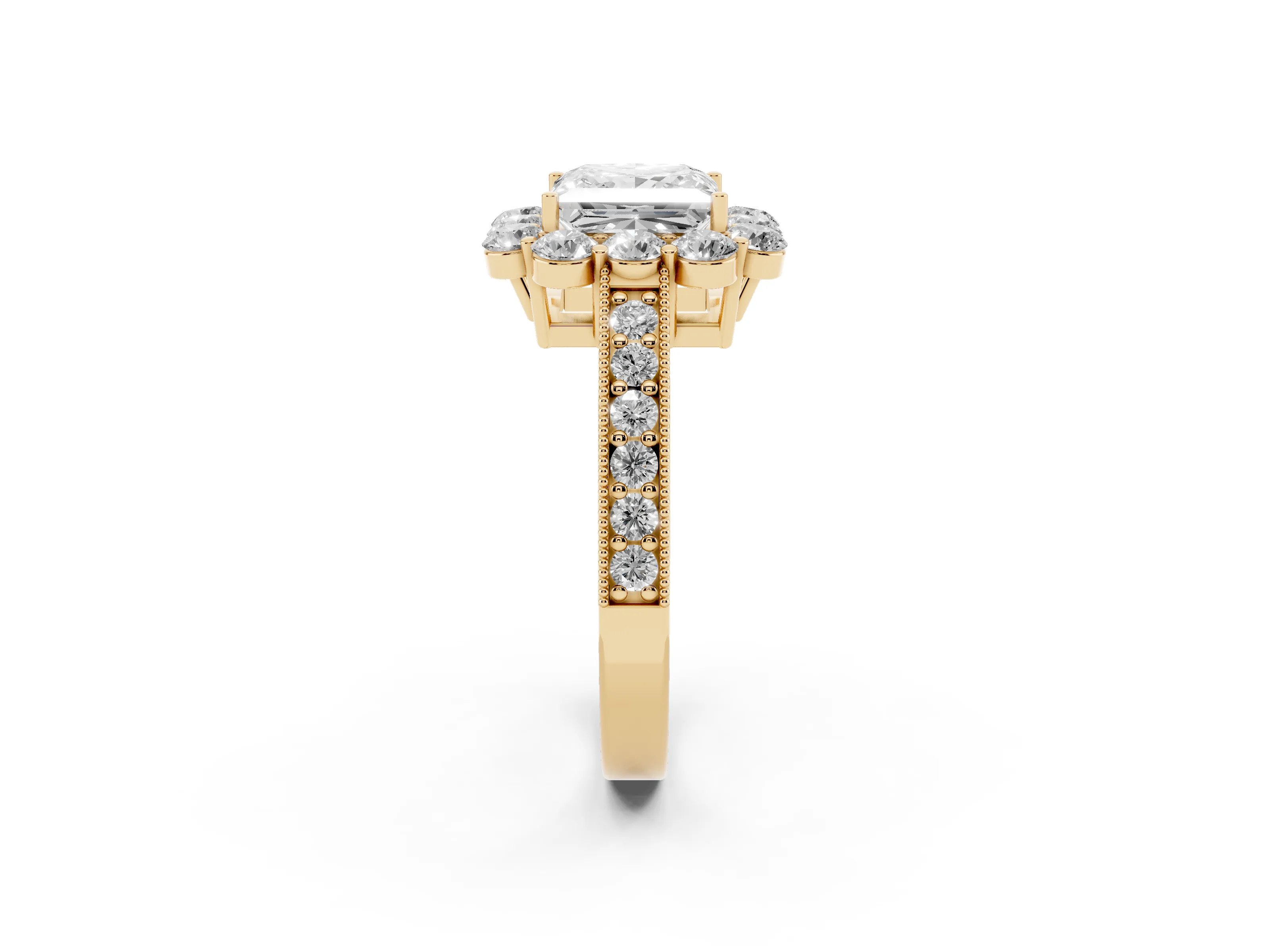 Princess Cut Diamond Halo Pavé Engagement Ring Set in Yellow gold with Milgrain Detailing