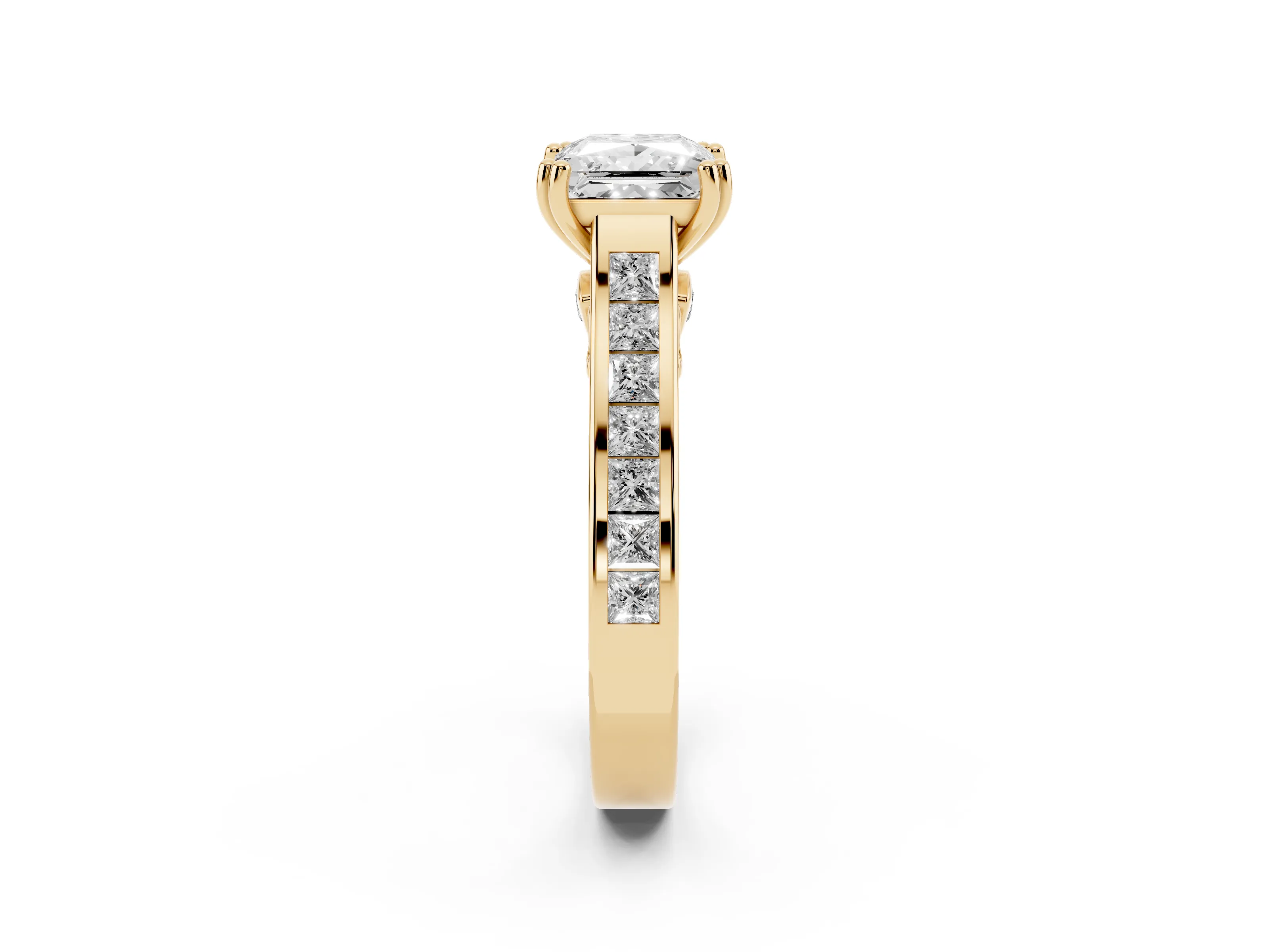 Princess Cut Diamond Channel Set Solitaire Engagement Ring Set in Yellow gold with Prong Setting