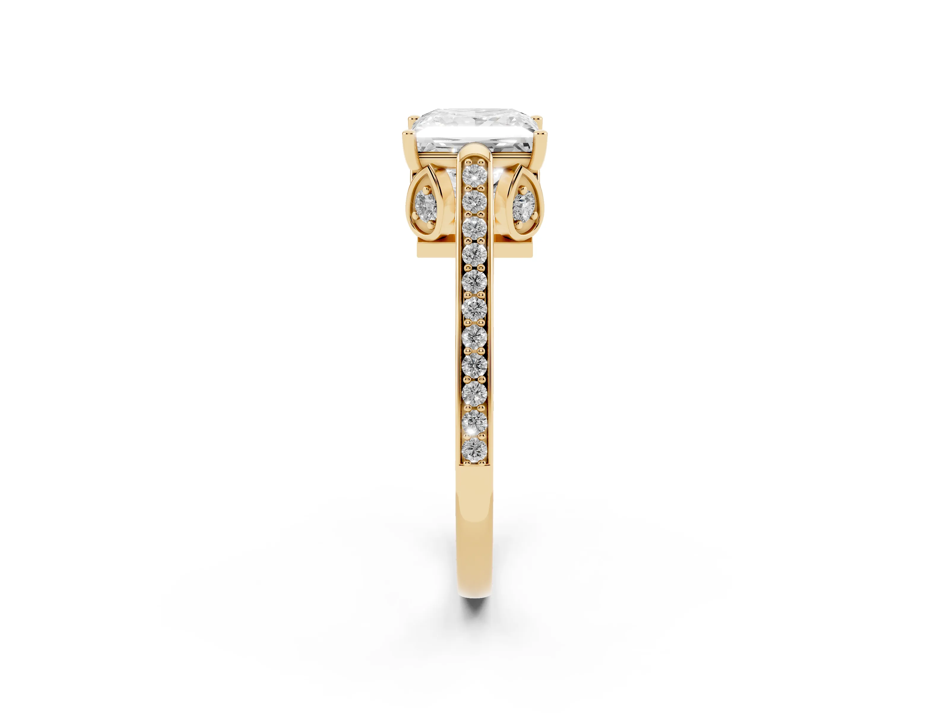 Princess Cut Diamond Cathedral Pavé Engagement Ring Set in Yellow gold with Prong Setting