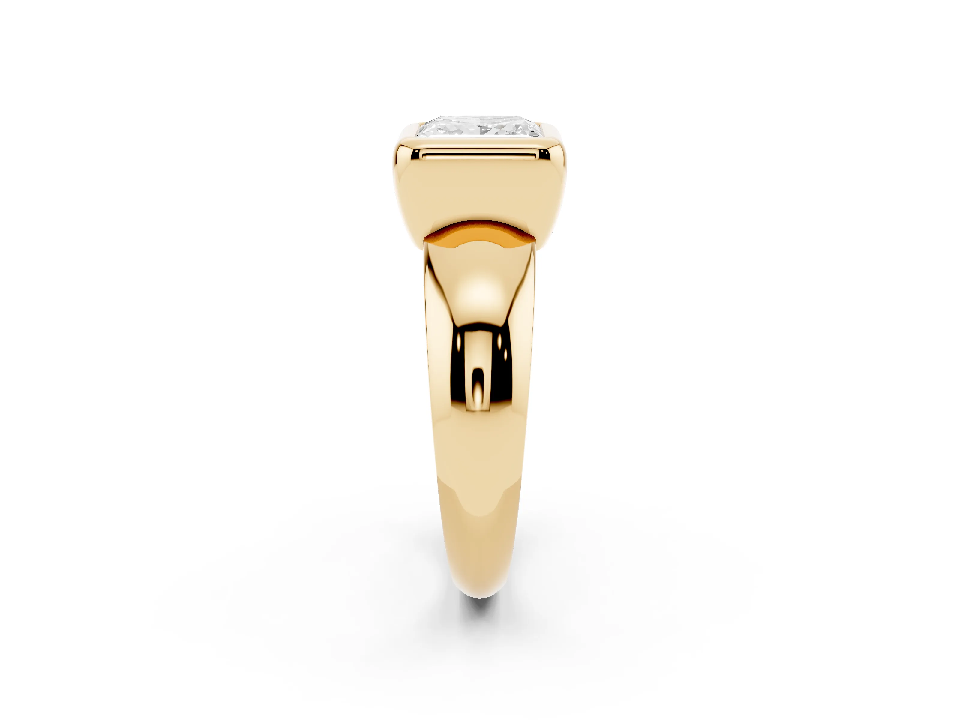 Bezel Set Princess Cut Diamond Solitaire Ring Set in Yellow gold with Wide Band