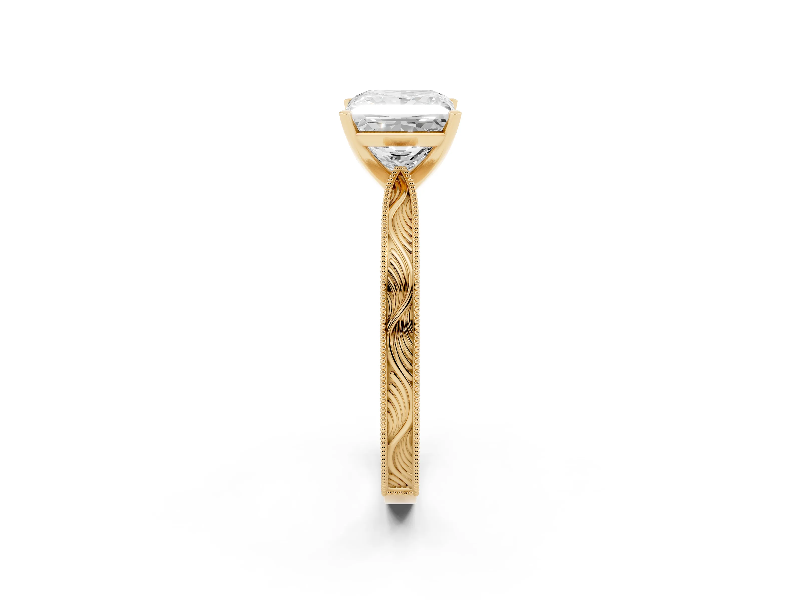 Princess Cut Diamond Solitaire Milgrain Engraved Band Set in Yellow gold with Prong Setting