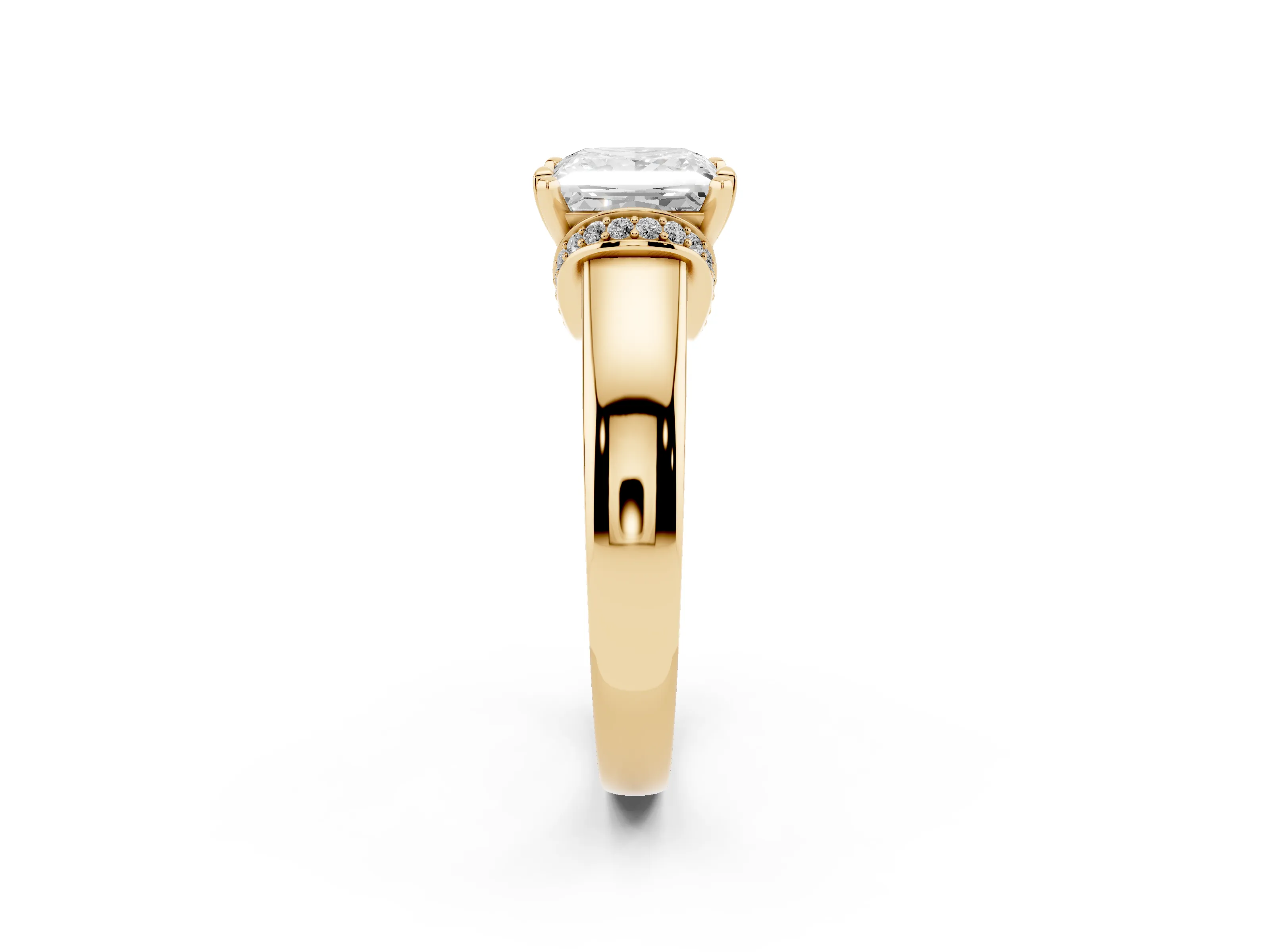 Princess Cut Diamond Pavé Band Solitaire Ring Set in Yellow gold with Prong Setting
