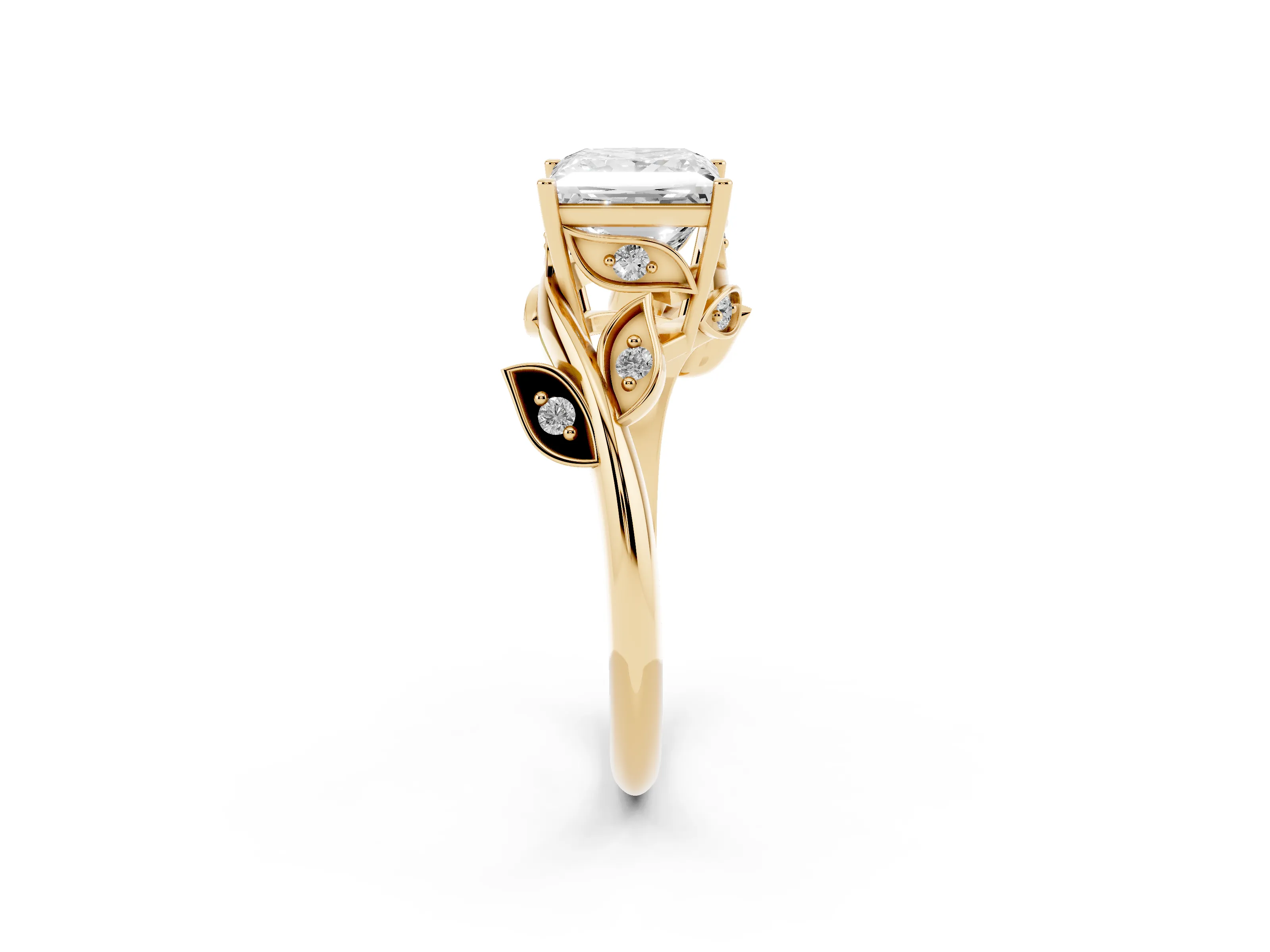 Princess Cut Diamond Solitaire Twist Engagement Ring Set in Yellow gold with Pavé Leaf Accents