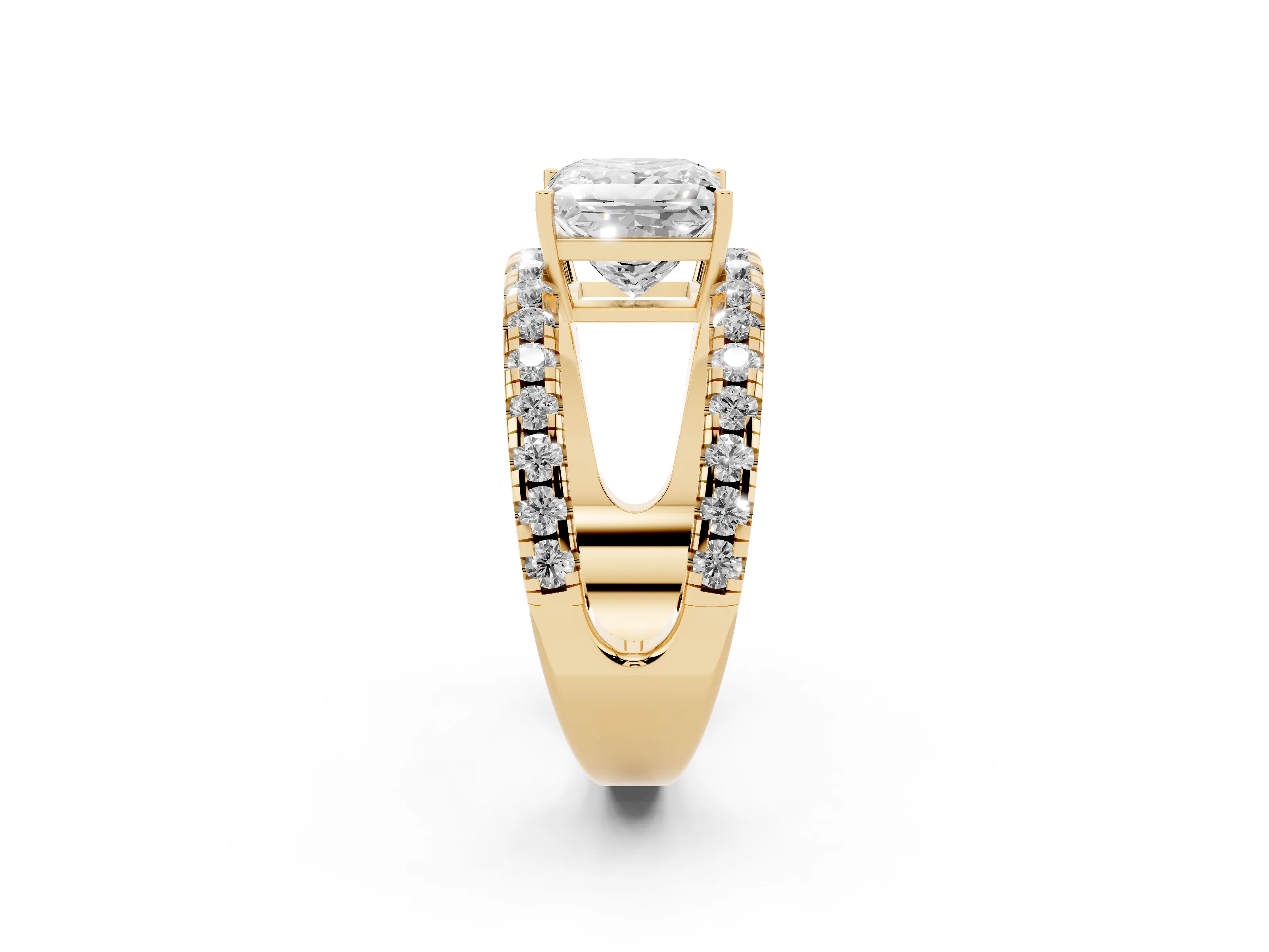 Princess Cut Diamond Split Shank Pavé Solitaire Ring Set in Yellow gold with Open Shank Design