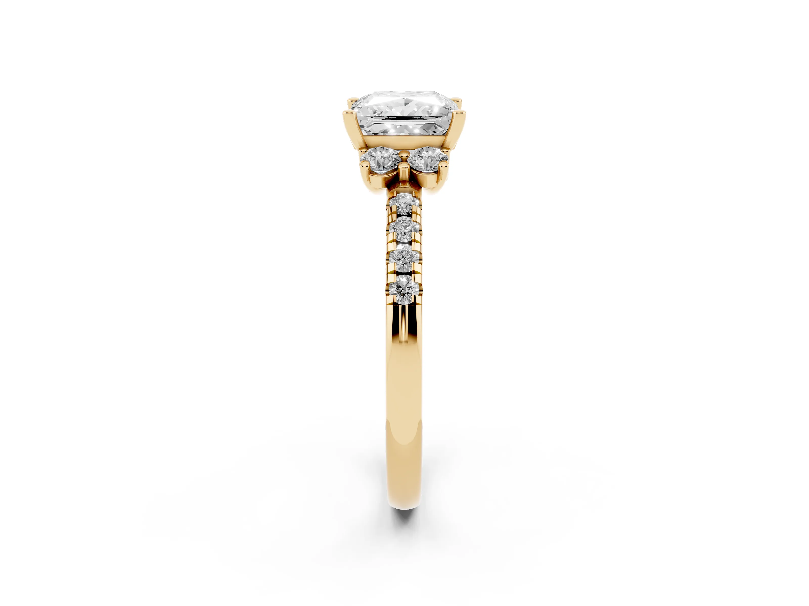 Princess Cut Diamond Three-Stone Pavé Ring Set in Yellow gold with Prong Setting