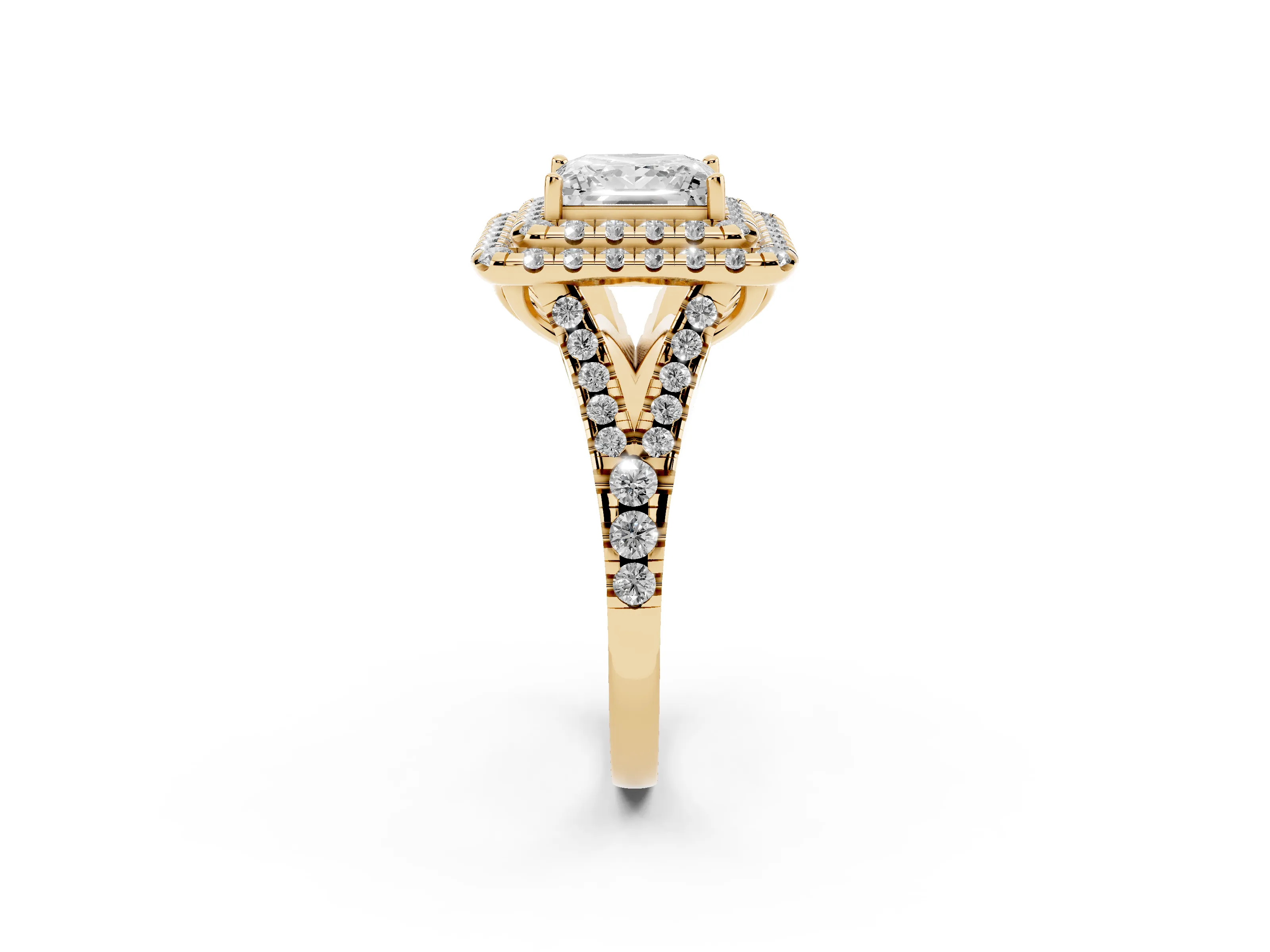 Princess Cut Diamond Double Halo Ring Set in Yellow gold with Pavé Split Shank and Prong Setting