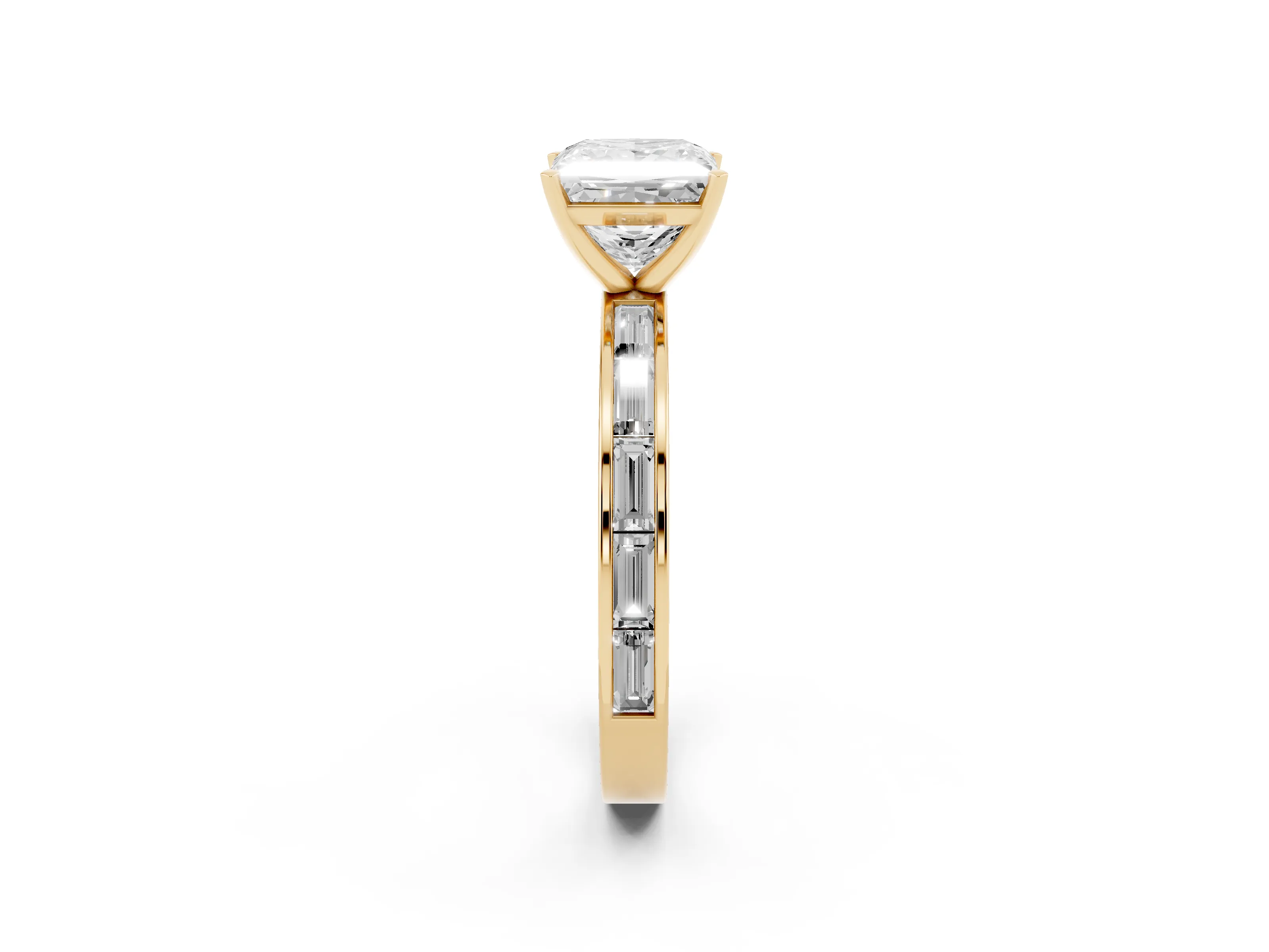 Princess Cut Diamond Solitaire Ring Set in Yellow gold with Channel-Set Baguette Band and Prong Setting