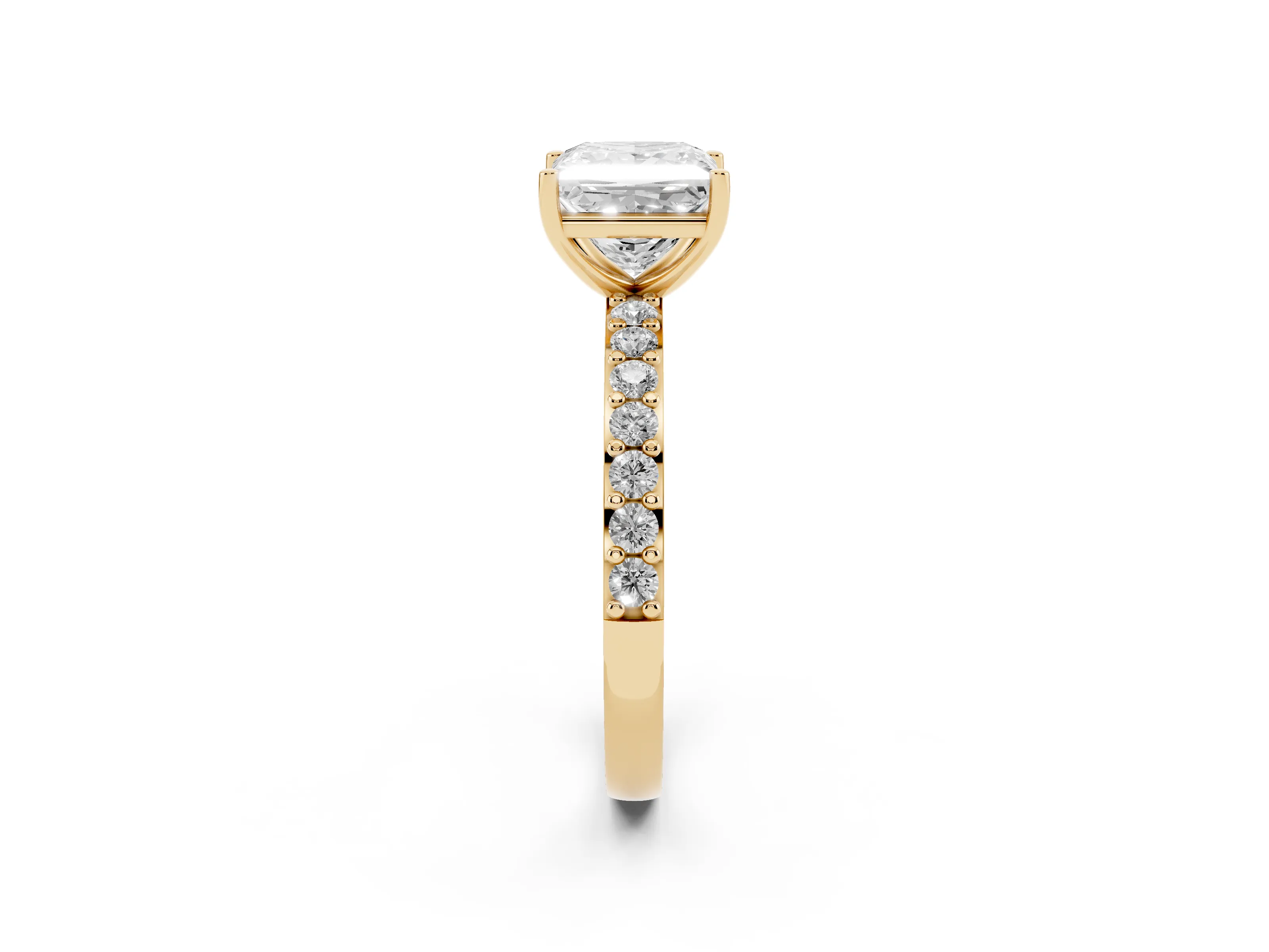 Princess Cut Diamond Solitaire Set in Yellow gold with Round Pavé Band and Prong Setting