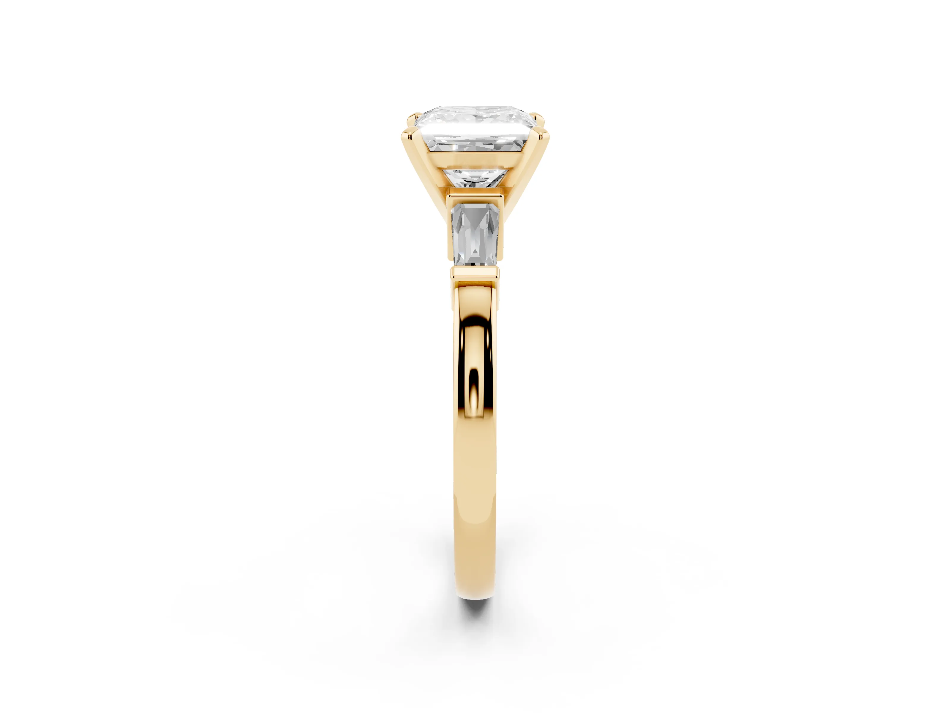 Princess Cut Diamond Solitaire Ring Set in Yellow gold with Tapered Baguette Accents and Prong Setting