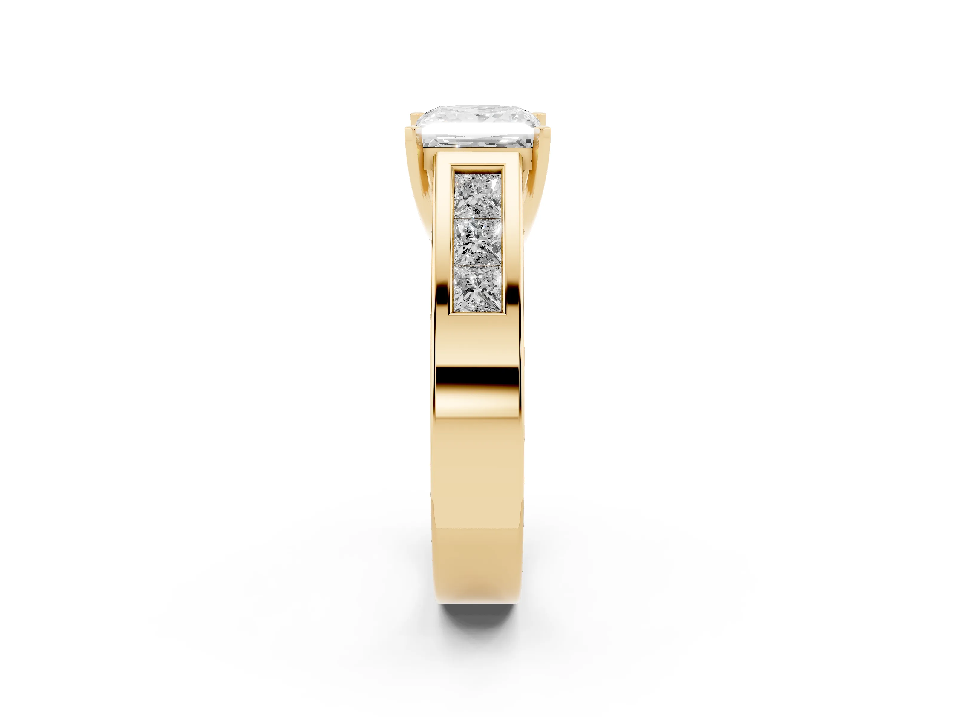 Princess Cut Diamond Solitaire Ring Set in Yellow gold with Channel-Set Accent Stones and Prong Setting