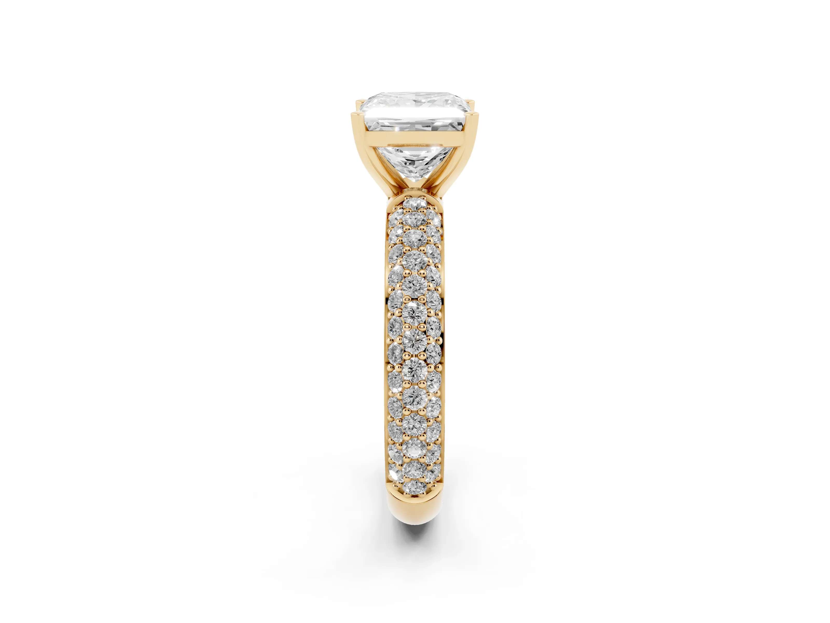 Princess Cut Diamond Solitaire Ring Set in Yellow gold with Prong Setting and Pavé-Set Band