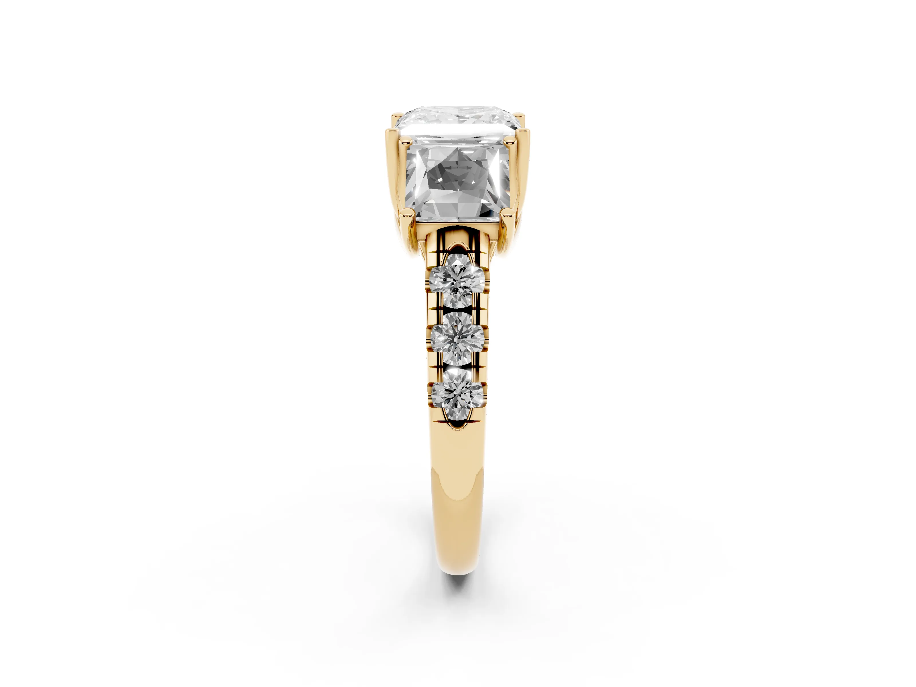 Princess Cut Diamond Three-Stone Ring Set in Yellow gold with Pavé Band