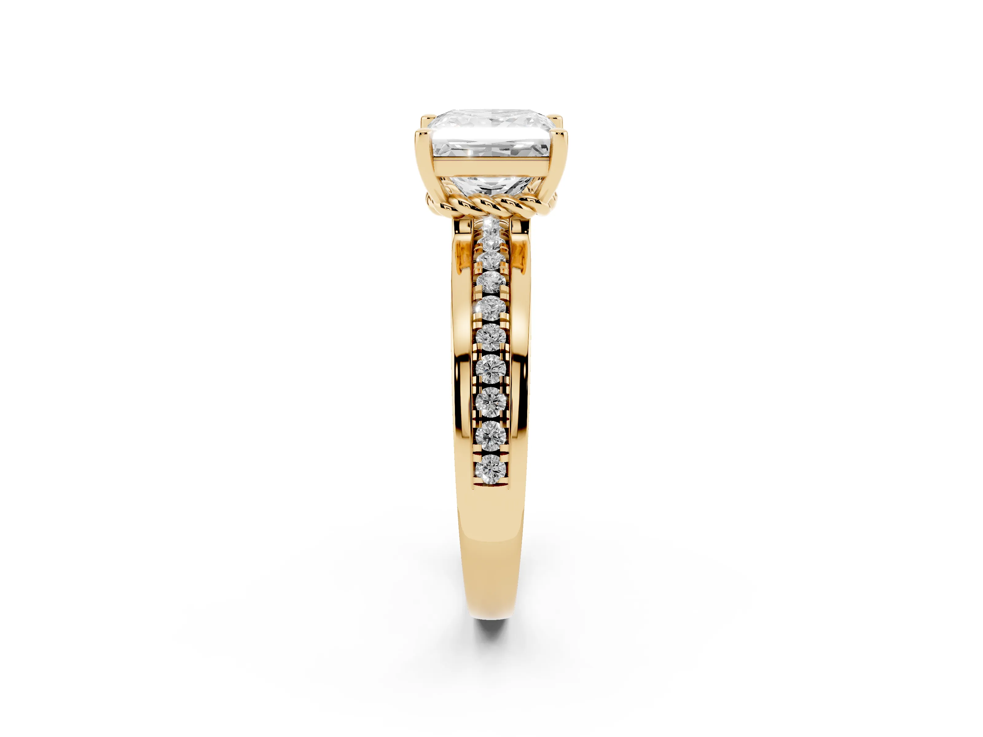 Princess Cut Diamond Solitaire Ring Set in Yellow gold with Channel Set Band and Prong Setting