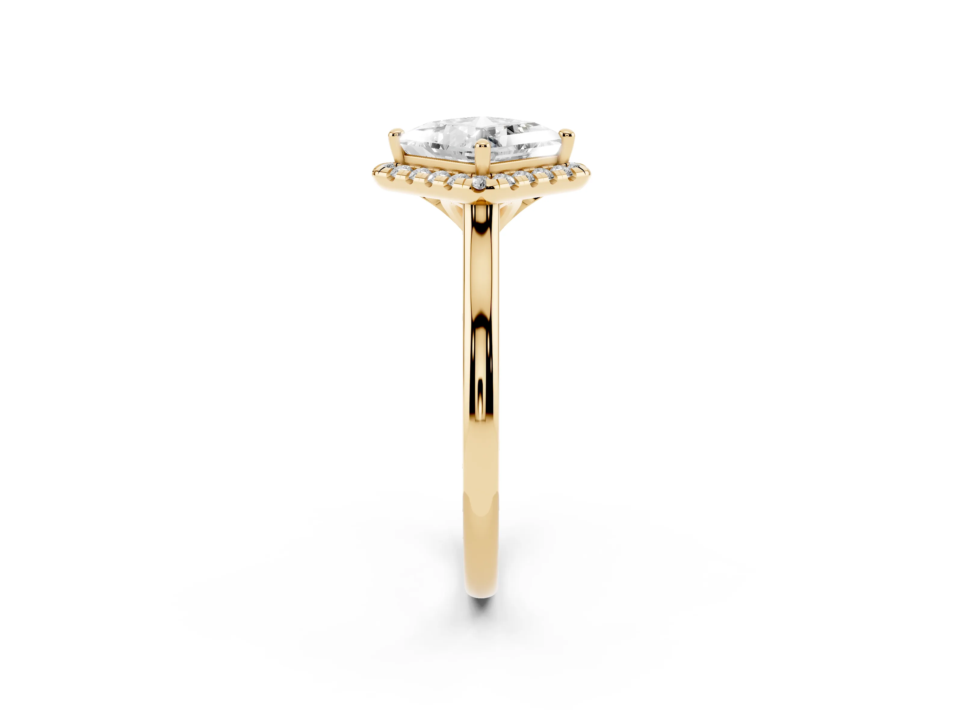 Princess Cut Diamond Halo Engagement Ring Set in Yellow gold with Pavé Band and Rising Shoulders
