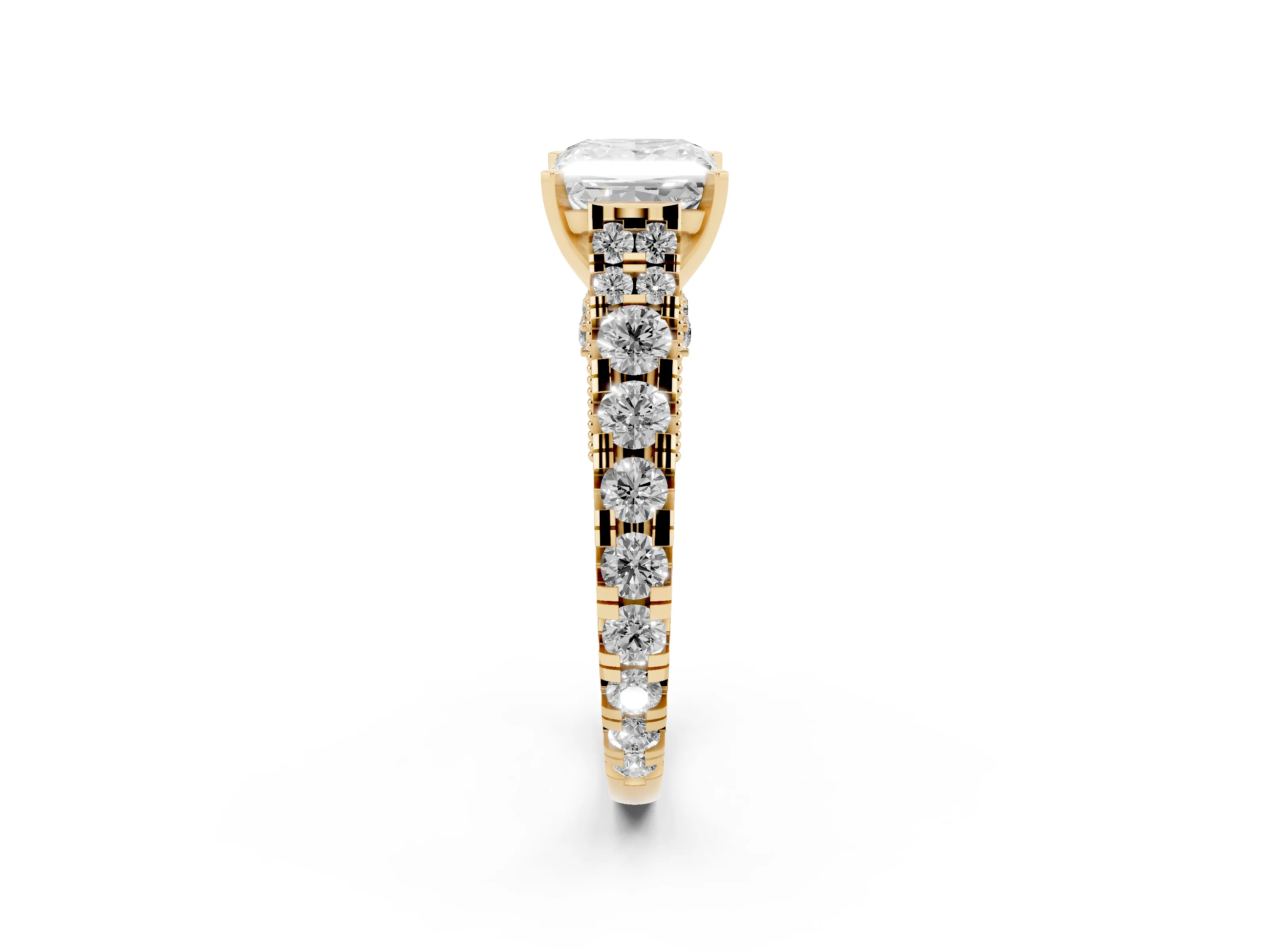 Princess Cut Diamond Classic Solitaire Ring Set in Yellow gold with Pavé Band and Prong Setting