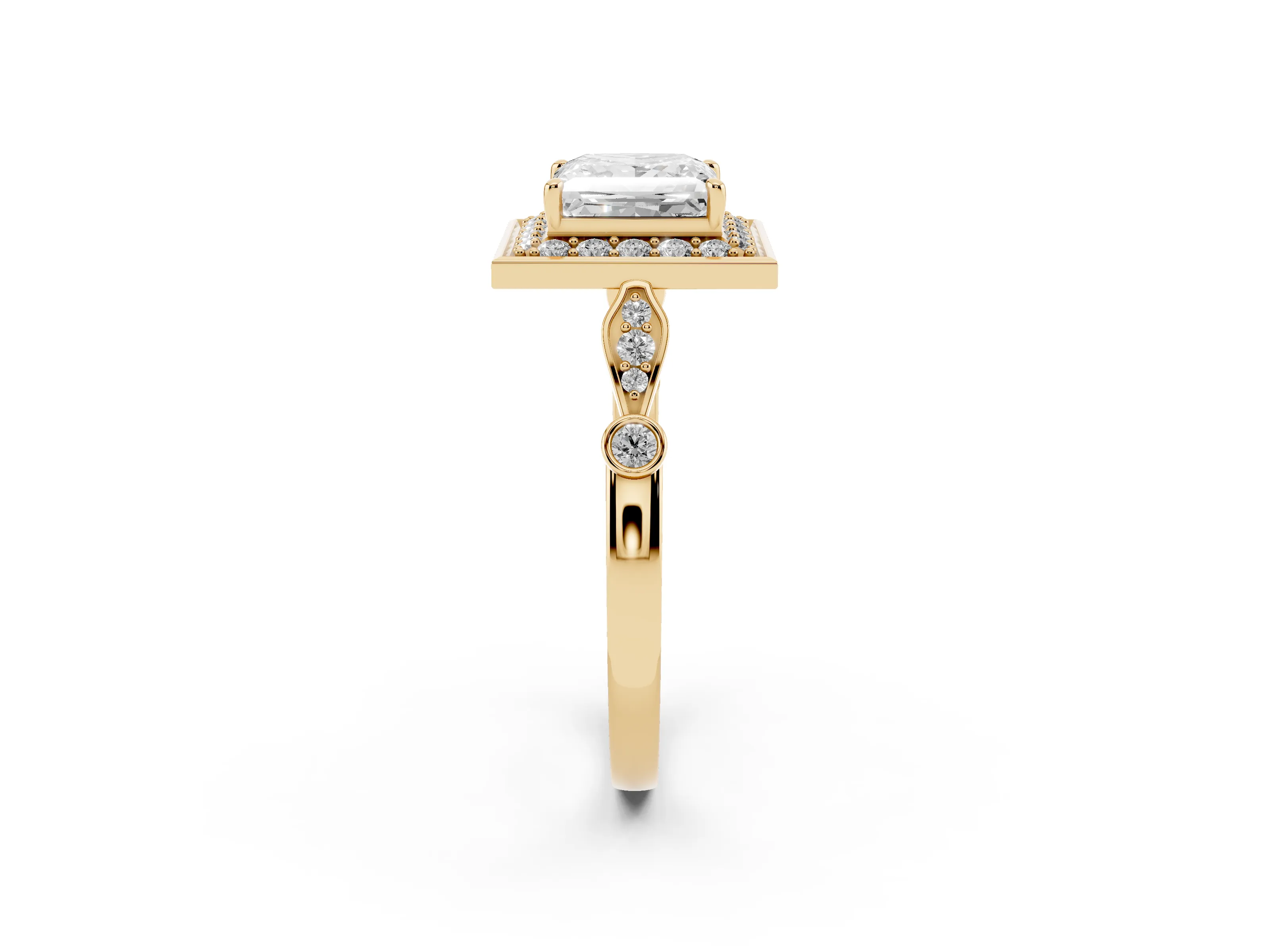 Princess Cut Diamond Halo Engagement Ring Set in Yellow gold with Twisted Band and Prong Setting