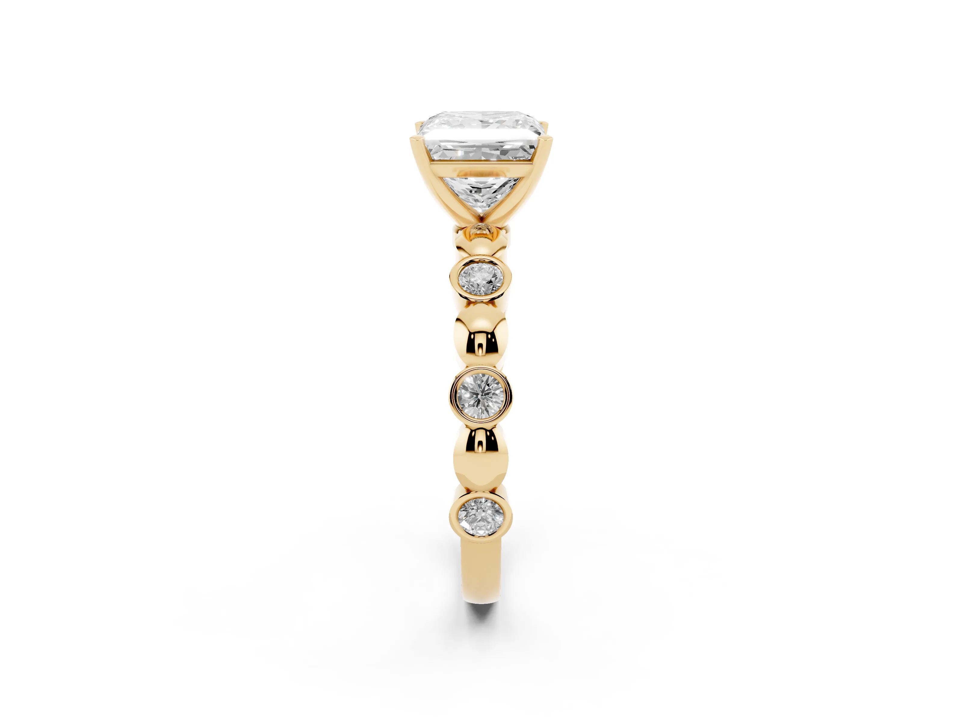 Princess Cut Diamond Solitaire Ring Set in Yellow gold with Bezel-Set Accents on Beaded Band and Prong Setting