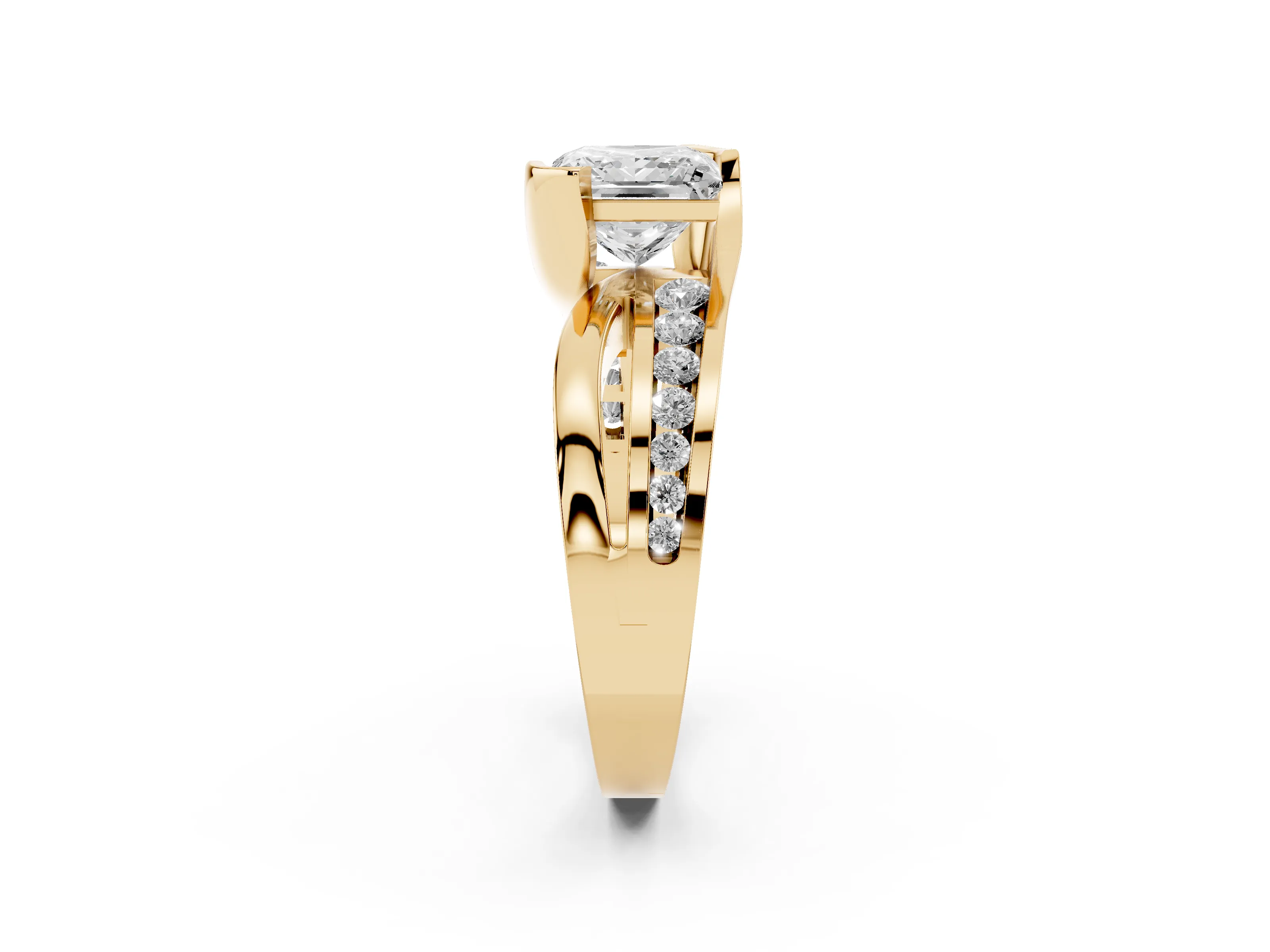 Princess Cut Diamond Solitaire Ring Set in Yellow gold with Channel Set Split Shank and Tension Prongs