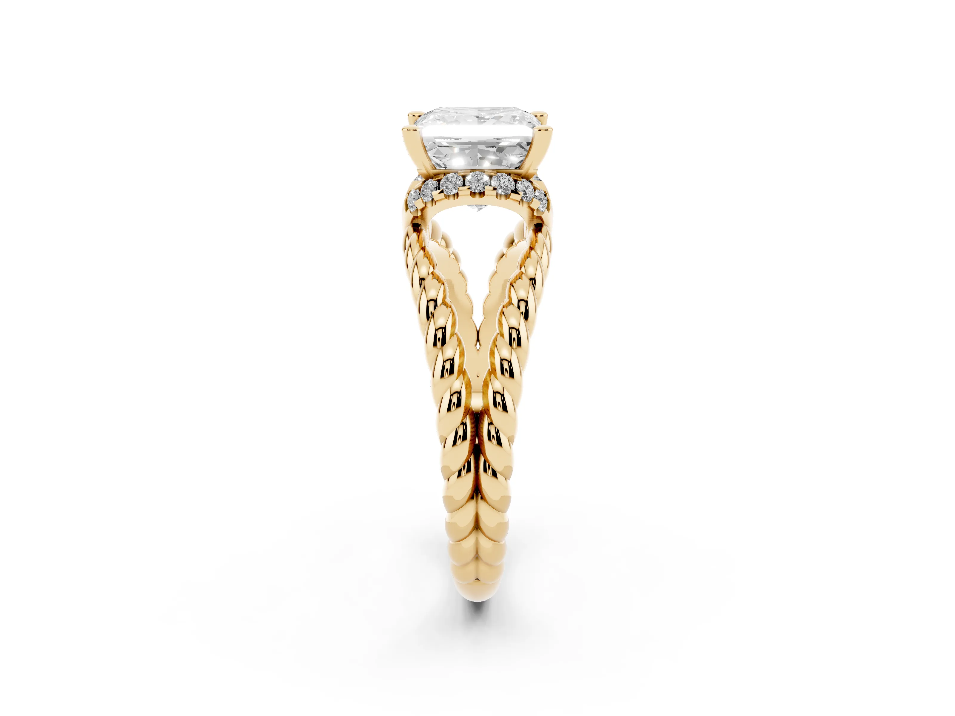 Princess Cut Diamond Halo Ring Set in Yellow gold with Twisted Band and Prong Setting