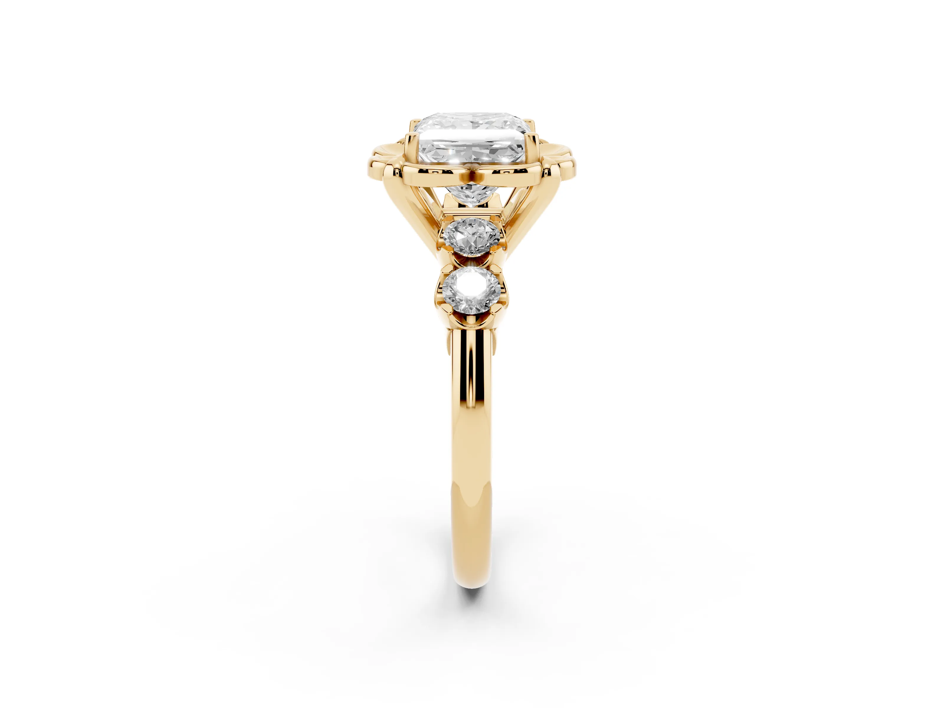 Princess Cut Diamond Floral Halo Ring Set in Yellow gold with Shared Prong Band