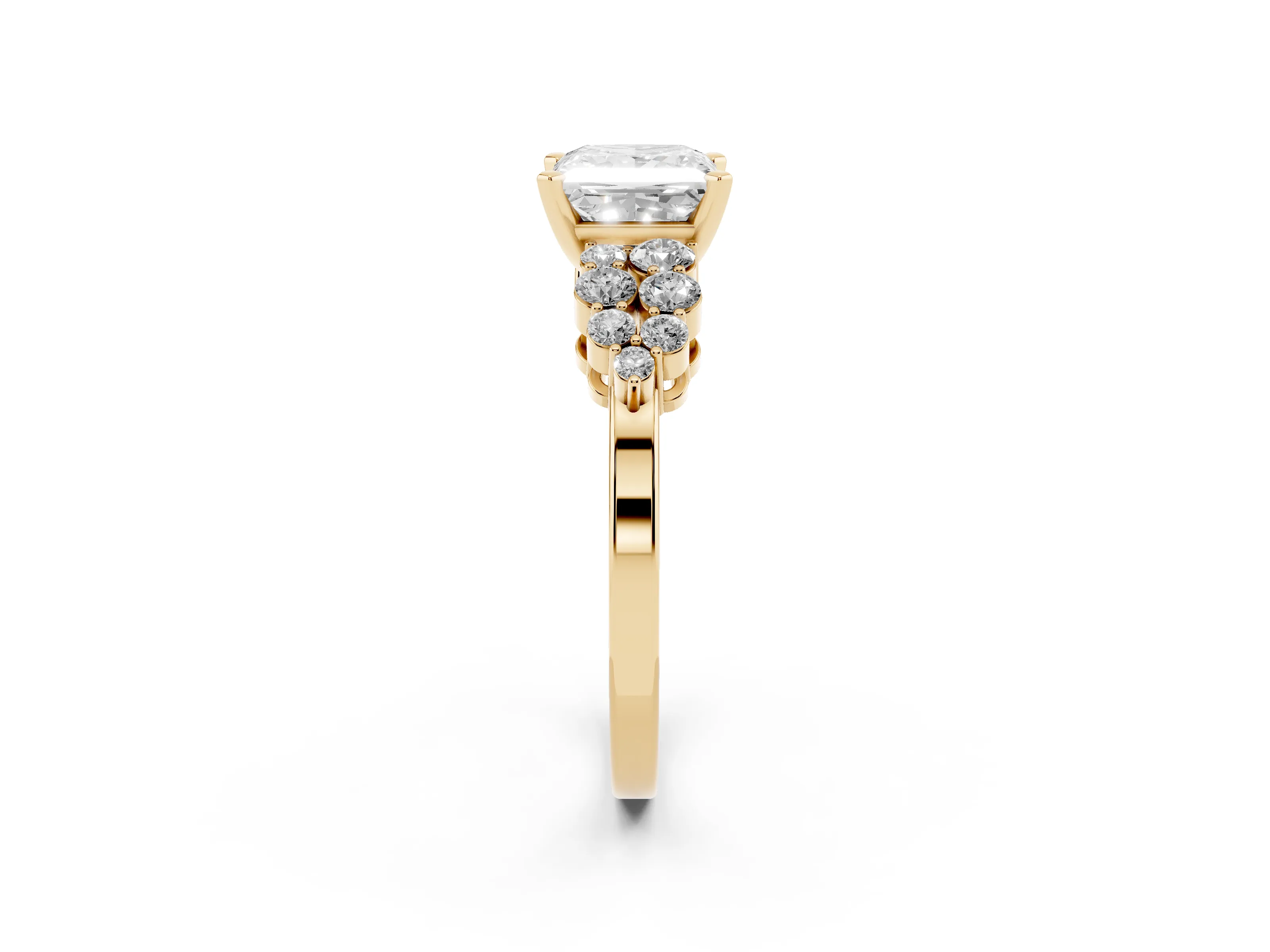 Princess Cut Diamond Cluster Engagement Ring Set in Yellow gold with Pavé Band and Prong Setting