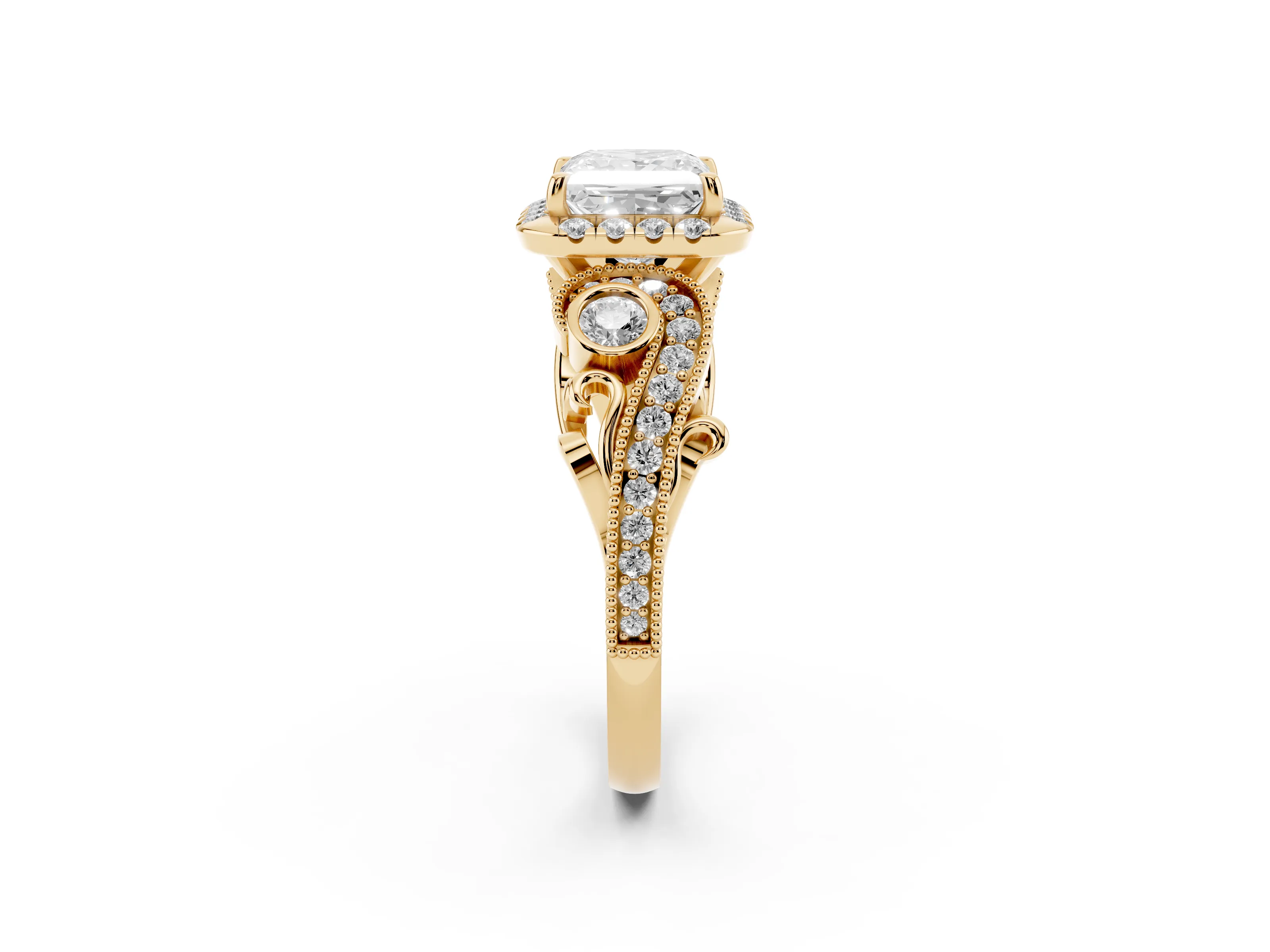 Princess Cut Diamond Halo Split Shank Ring Set in Yellow gold with Milgrain and Bezel Accents