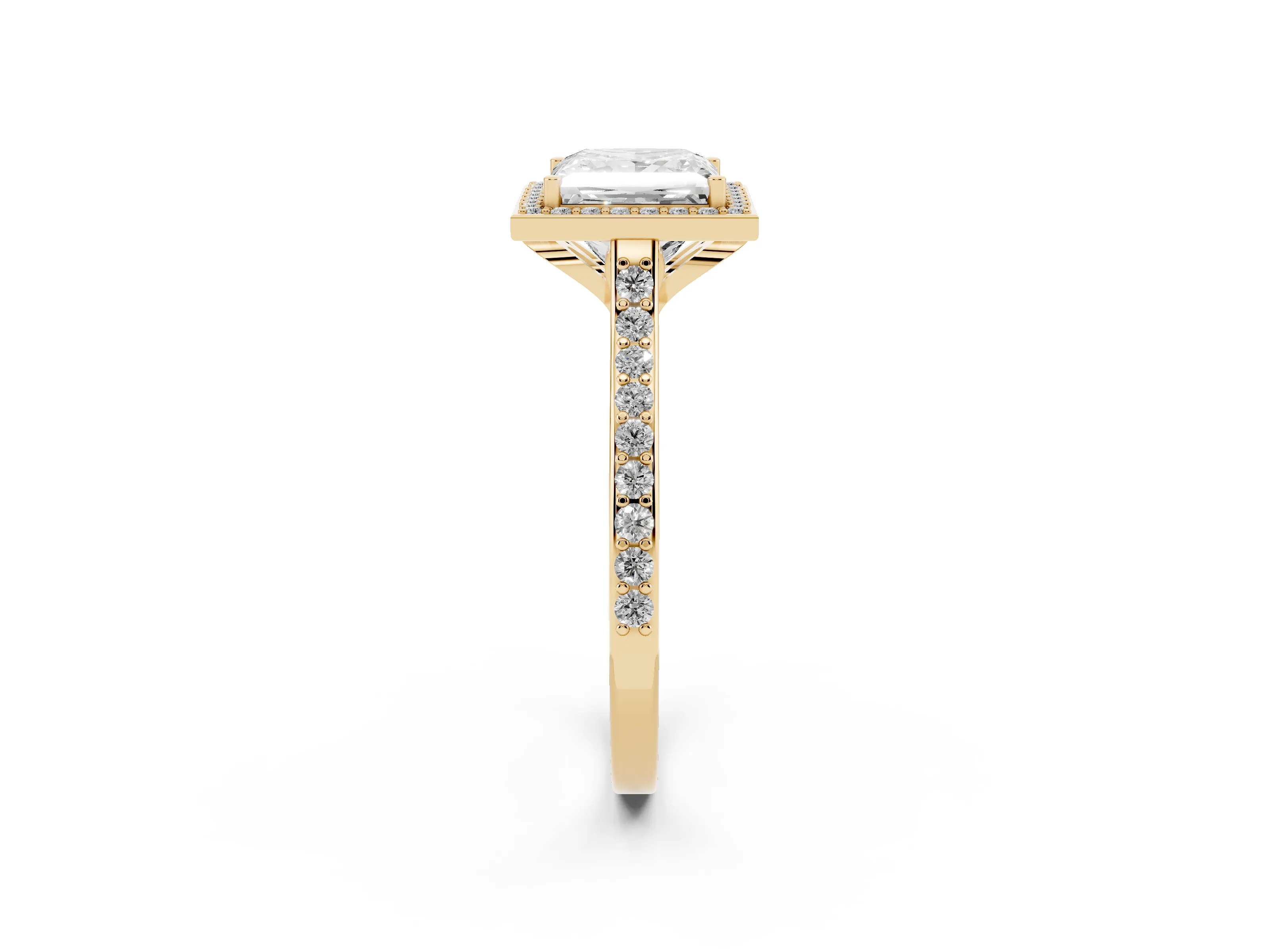 Princess Cut Diamond Halo Engagement Ring Set in Yellow gold with Round Pavé Shoulders and Heart Gallery