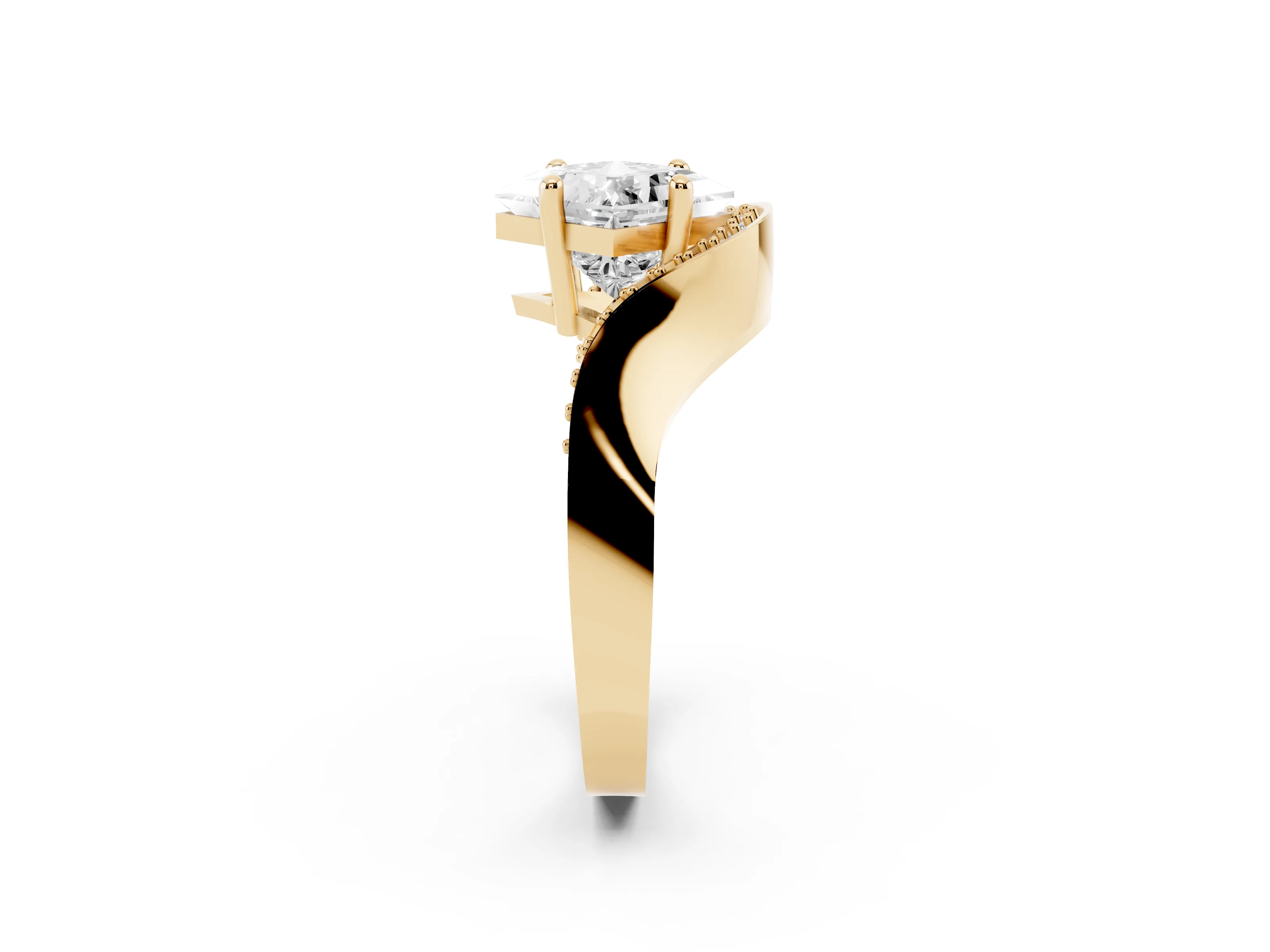 Princess Cut Diamond Solitaire Engagement Ring Set in Yellow gold with Pavé Shoulders